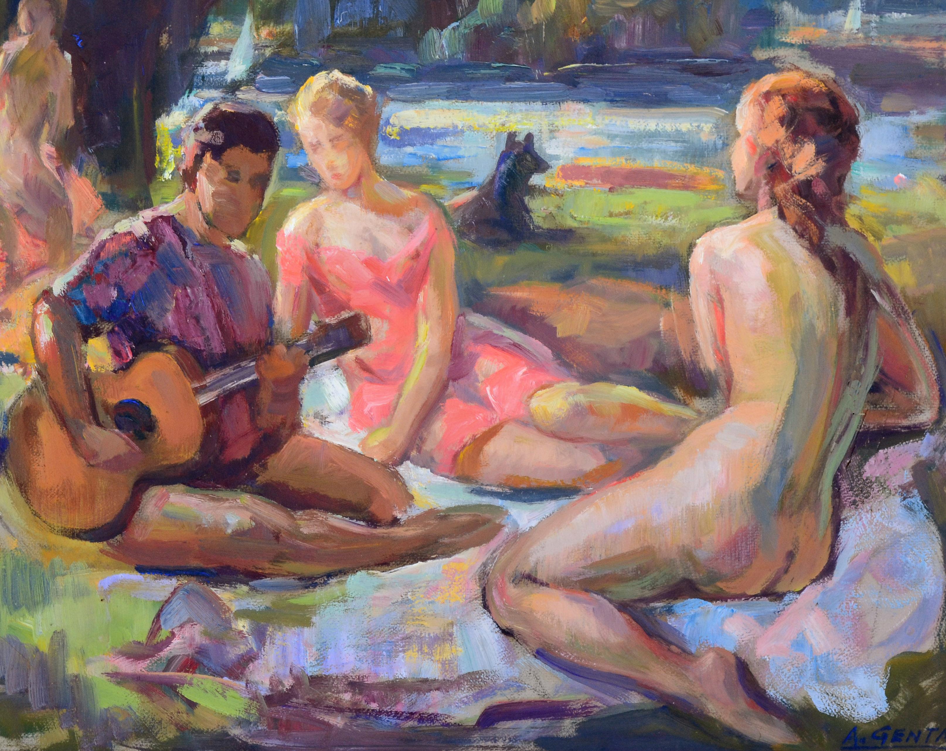 Picnic nel parco - Paesaggio figurativo di metà secolo - Painting di Albert Genta