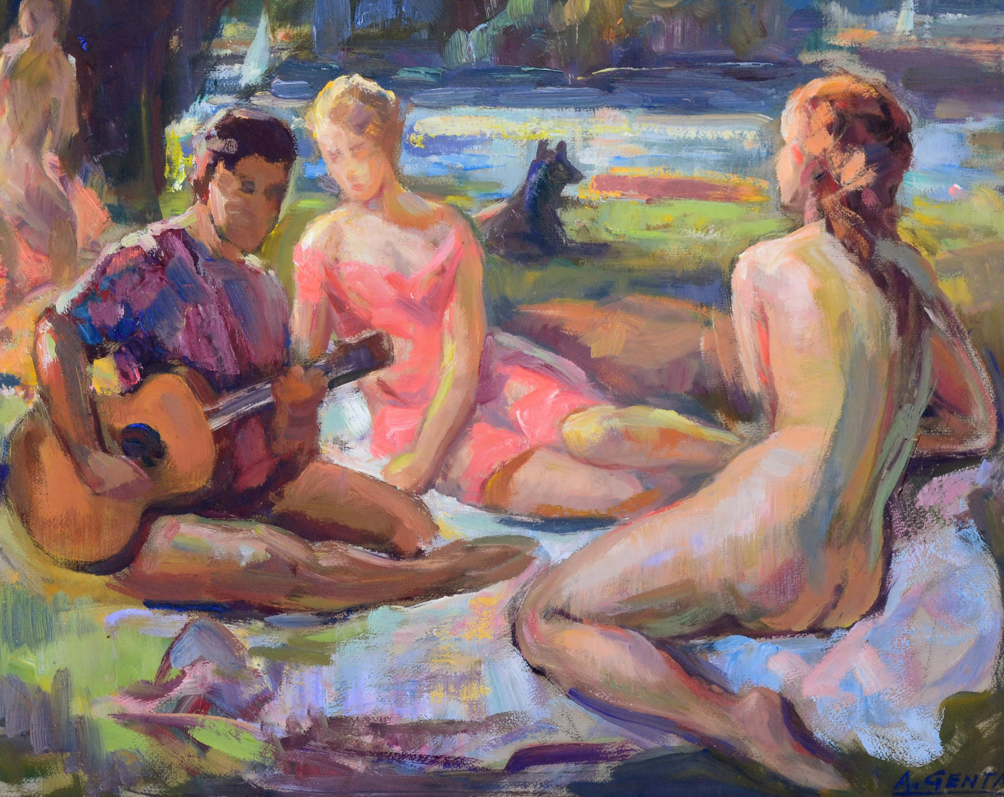 Picnic in the Park - Mid Century Figurative Landscape  - Painting by Albert Genta