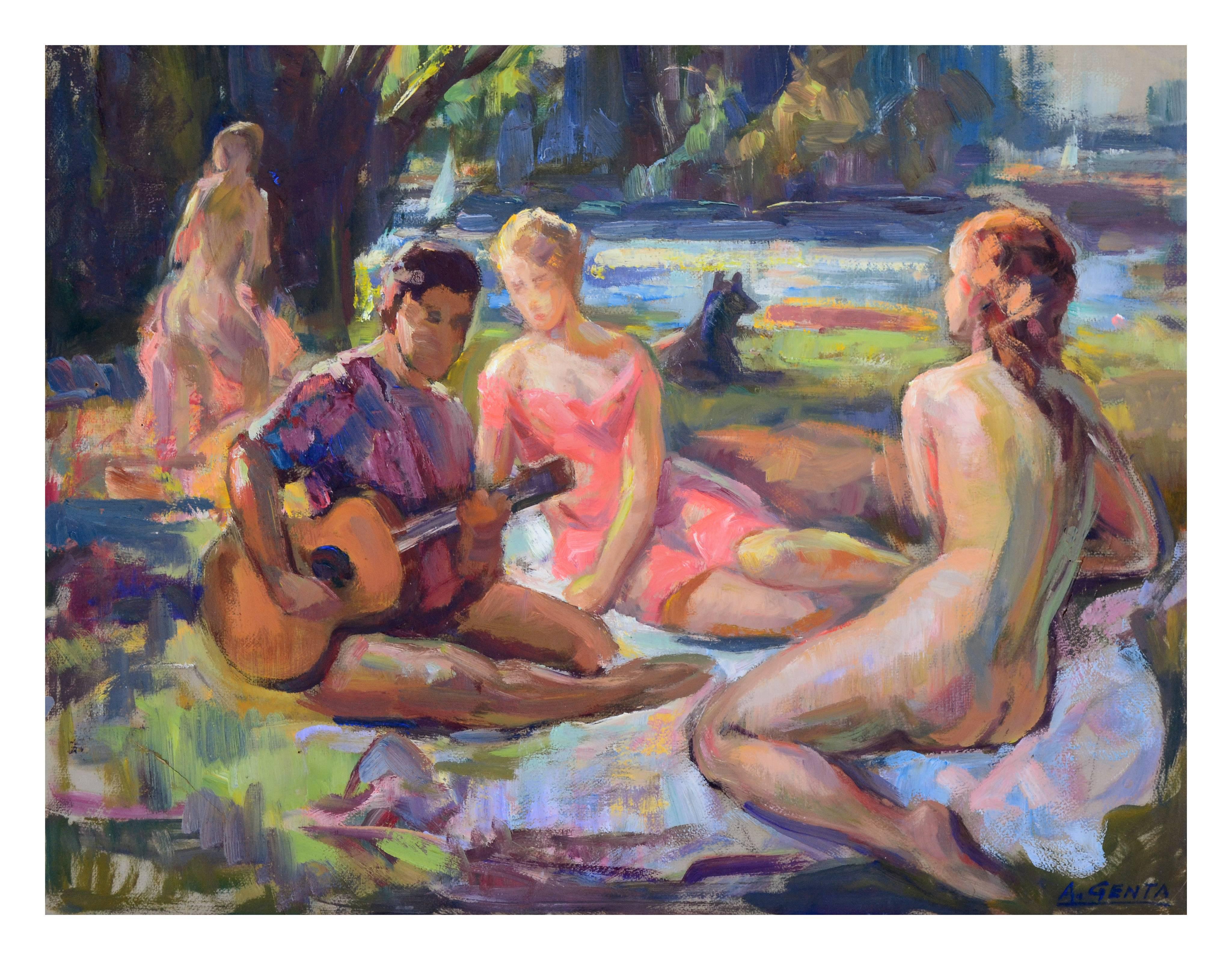 Picnic in the Park - Mid Century Figurative Landscape