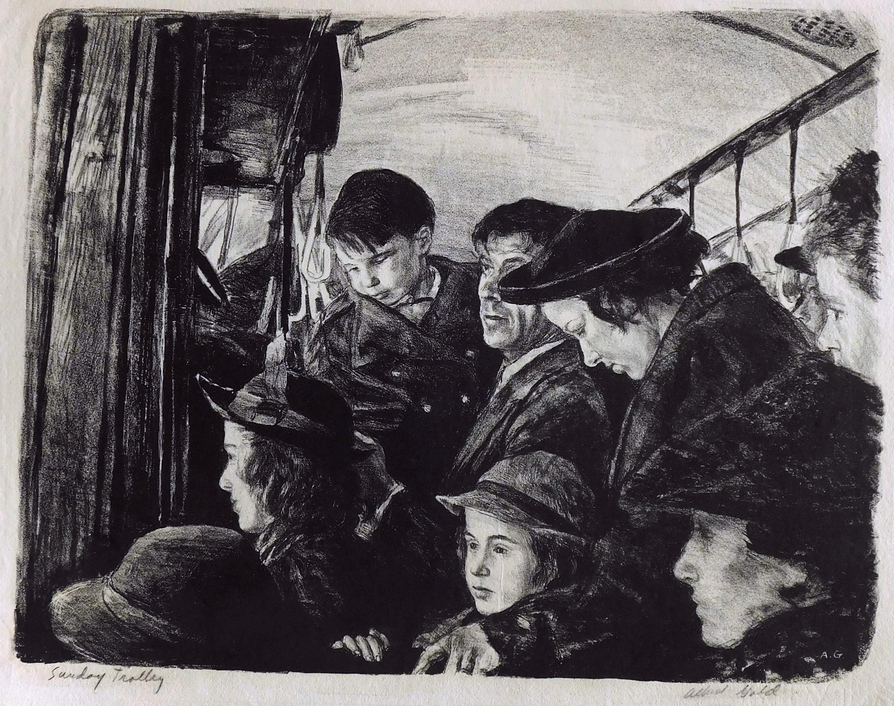 Litografia originale dell'artista Albert Gold (1916-2006), artista di Filadelfia dell'epoca della Depressione.
Quest'opera ritrae il trolley di domenica nel centro di Philadelphia. L'immagine misura 10 ½ x 13 ½ pollici, è opacizzata e non