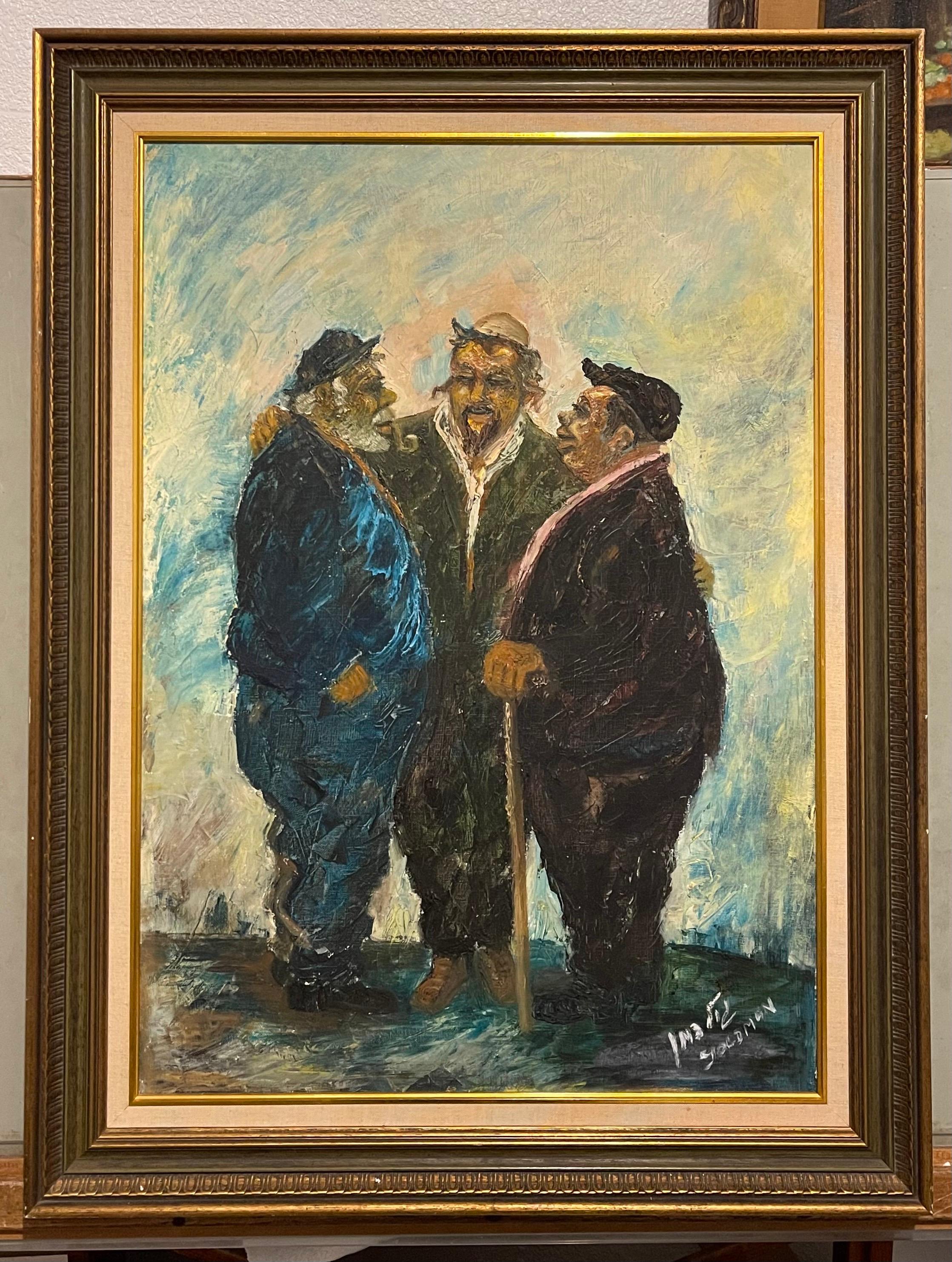 Uomini ebrei sefarditi Vibrant Judaica Vintage Oil Painting Artista israeliano Goldman - Figurative Painting Marrone di Albert Goldman