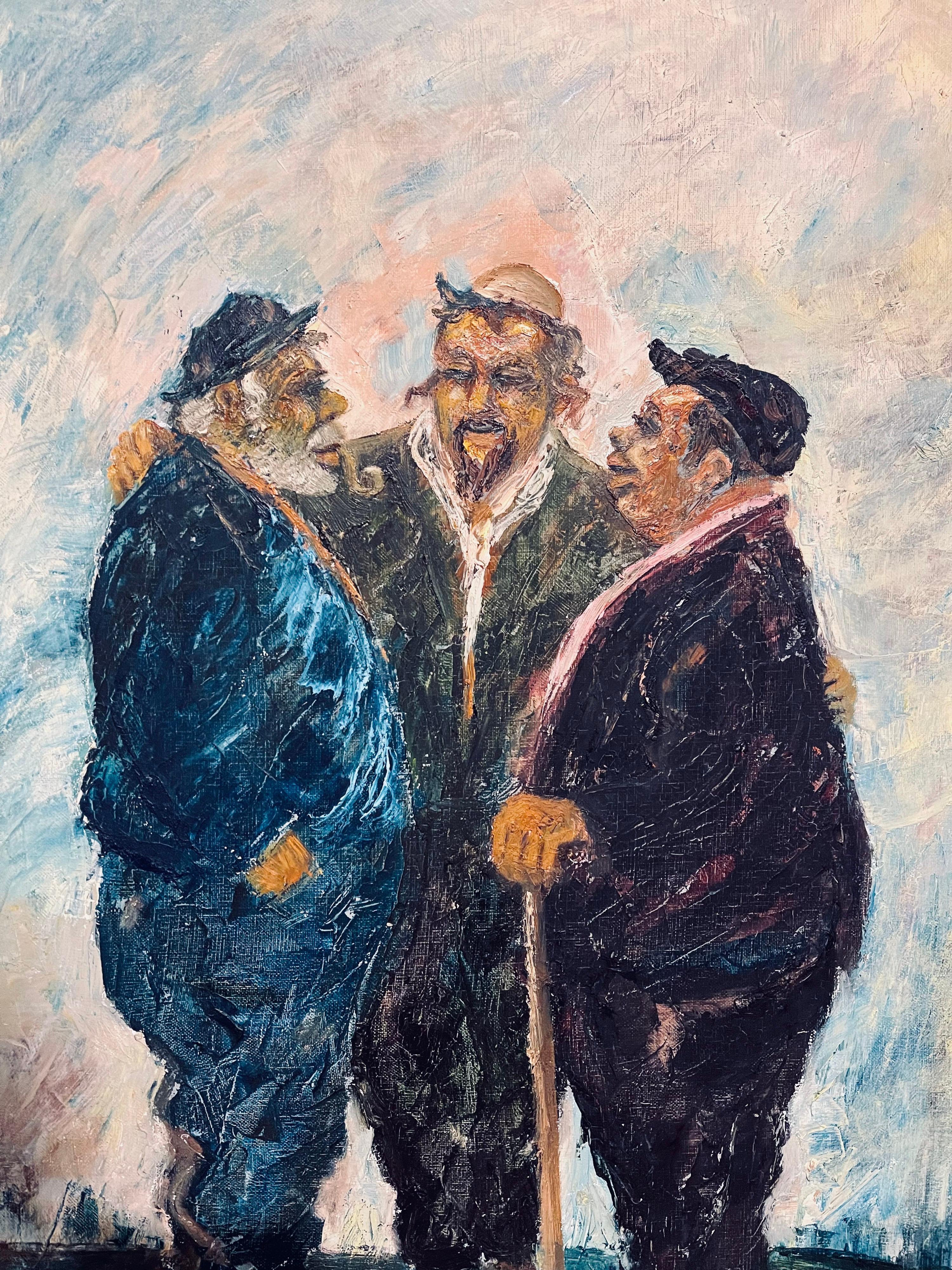 Sephardic Jewish Men Vibrant Judaica Vintage Oil Painting Israeli Artist Goldman - Brown Portrait Painting by Albert Goldman