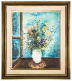 Vintage Vase of Flowers, Vibrant Fauvist Oil Painting Israeli Artist Albert Goldman