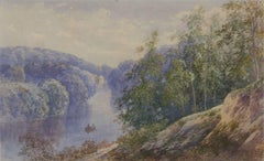 Albert Goodwin - Aquarelle anglaise encadrée avec monogramme « Rowing Down River », 1894