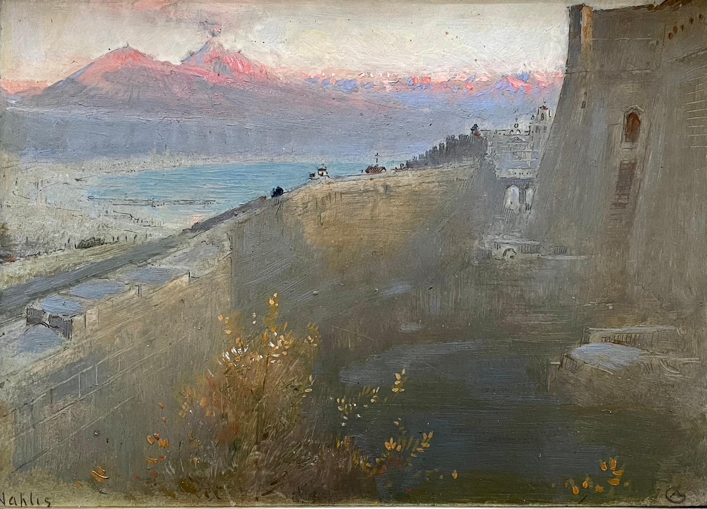 ALBERT GOODWIN, RWS
(1845-1932)

Naples

Signed with monogram l.r. and inscribed with title l.l.
Oil on board
Framed

19 by 26 cm., 7 ½ by 10 ¼ in.
(frame size 40 by 48 cm., 15 ¾ by 19 in.)

Provenance:
Tom Coates, NEAC, RWS and Mary Jackson, NEAC,