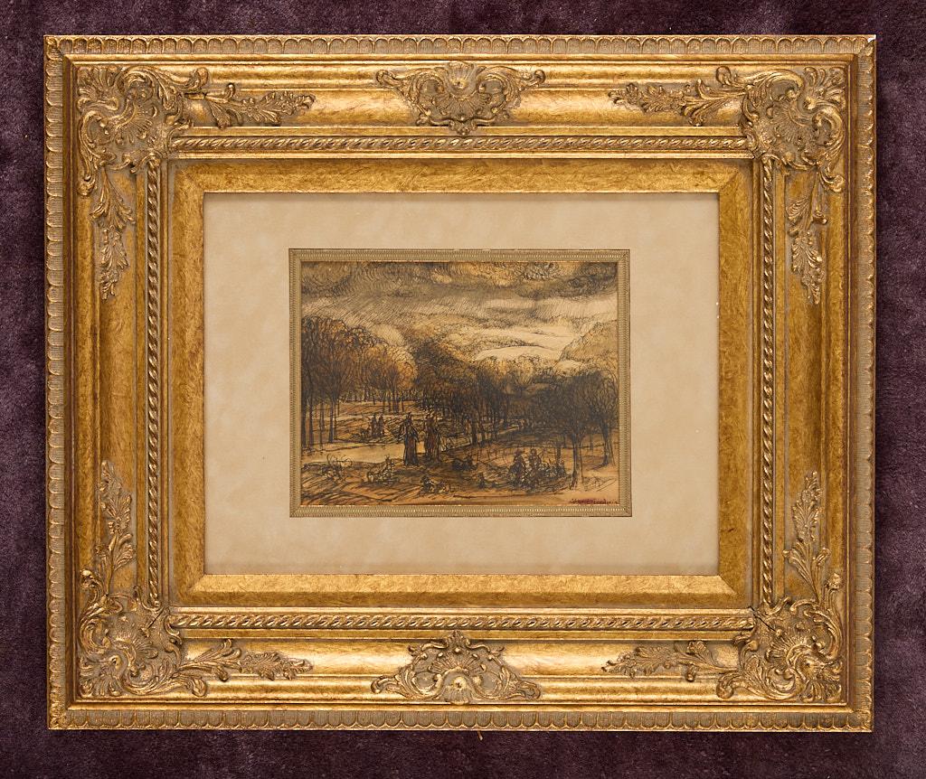 Eine exquisite Landschaftsskizze  von Albert Goodwin,  1845-1932, mit detaillierter Federarbeit über lavierter Tinte.
In hervorragendem Zustand, in einem großen vergoldeten Rahmen.
Albert Goodwin RWS (1845-1932) war ein britischer Landschaftsmaler,