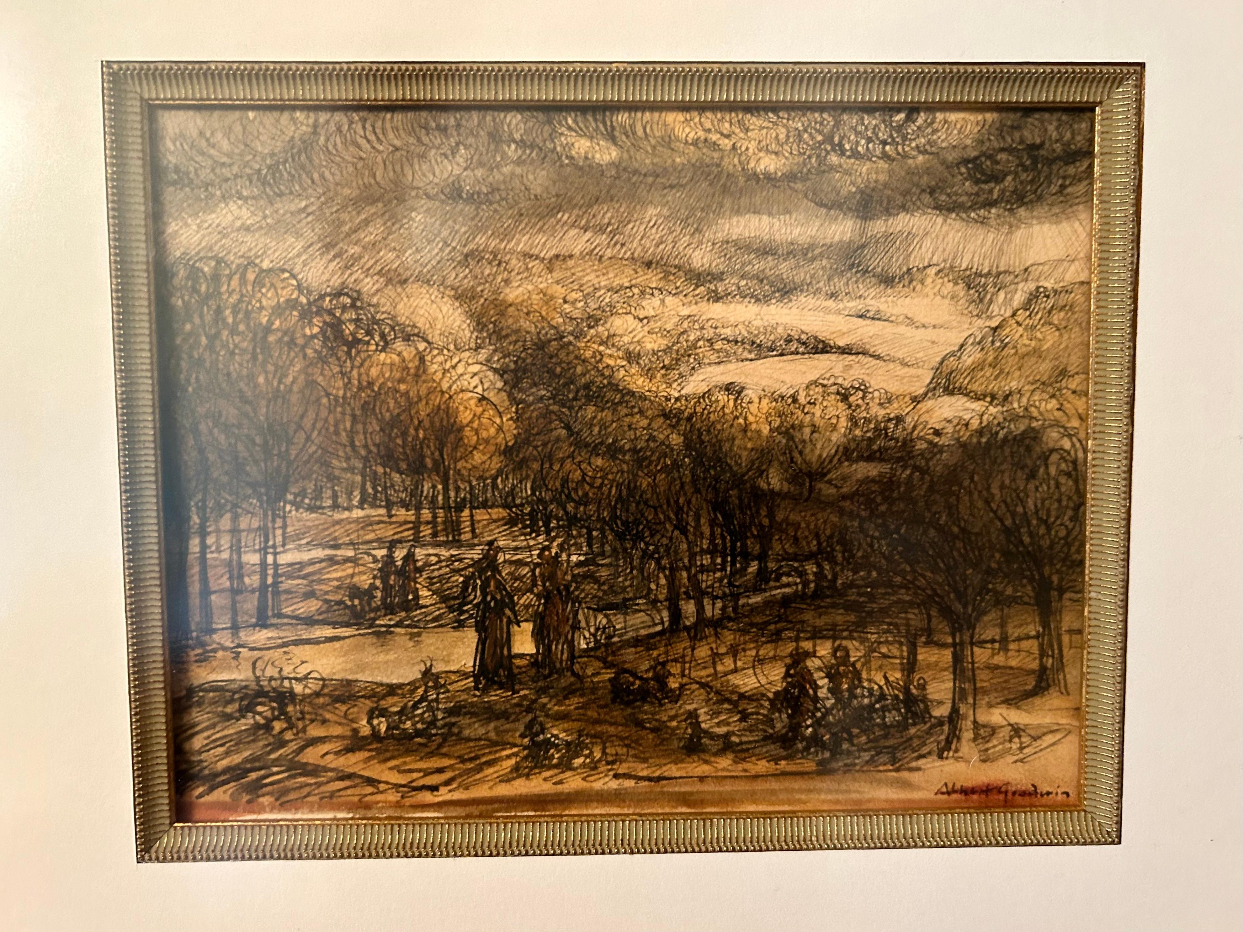 Anglais Albert Goodwin, croquis de paysage sans titre, stylo et lavis à l'encre, signé en vente