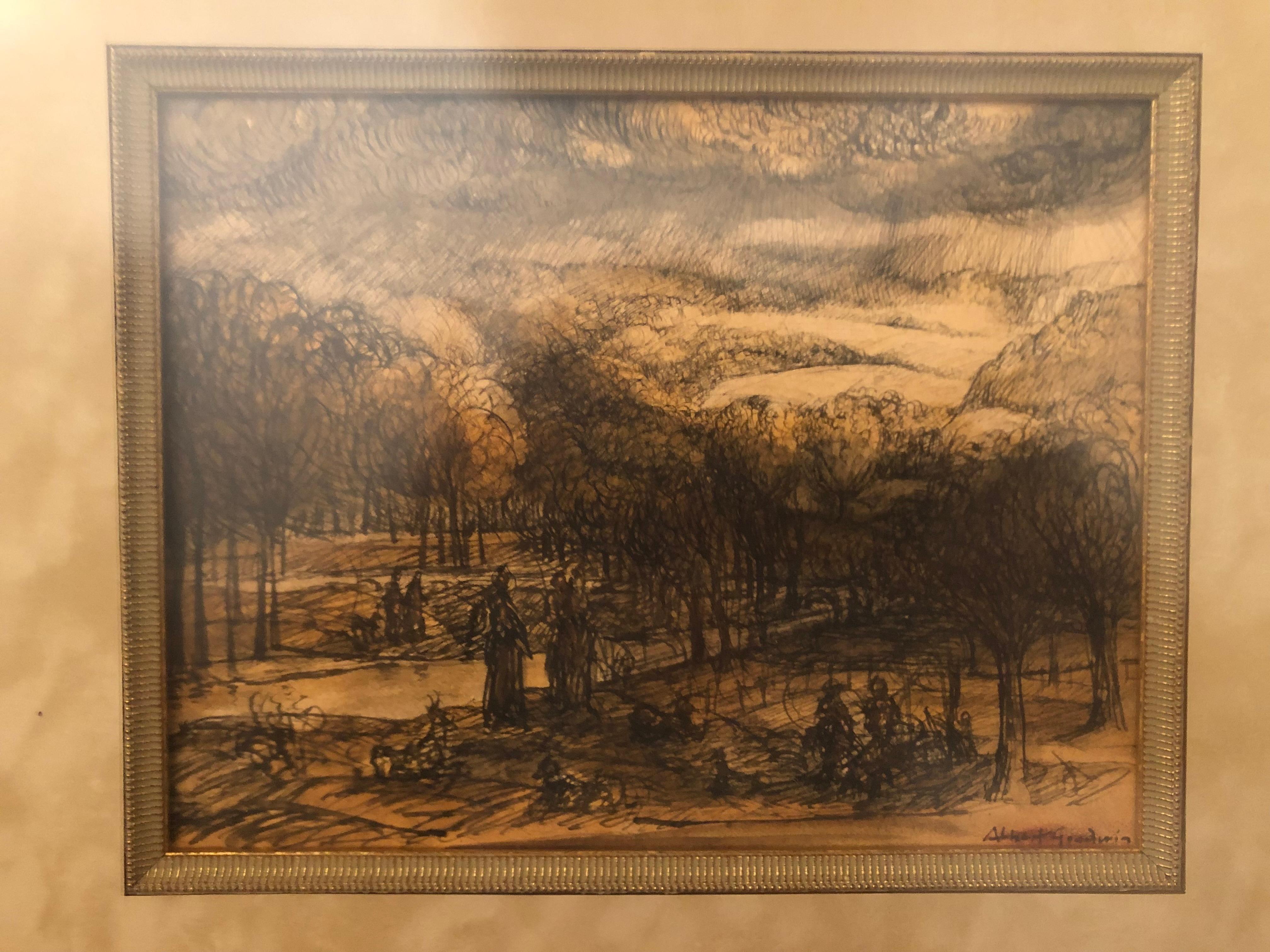 Albert Goodwin, Untitled Landscape Sketch, Pen and Ink Wash, Signed In Good Condition For Sale In Toronto, CA