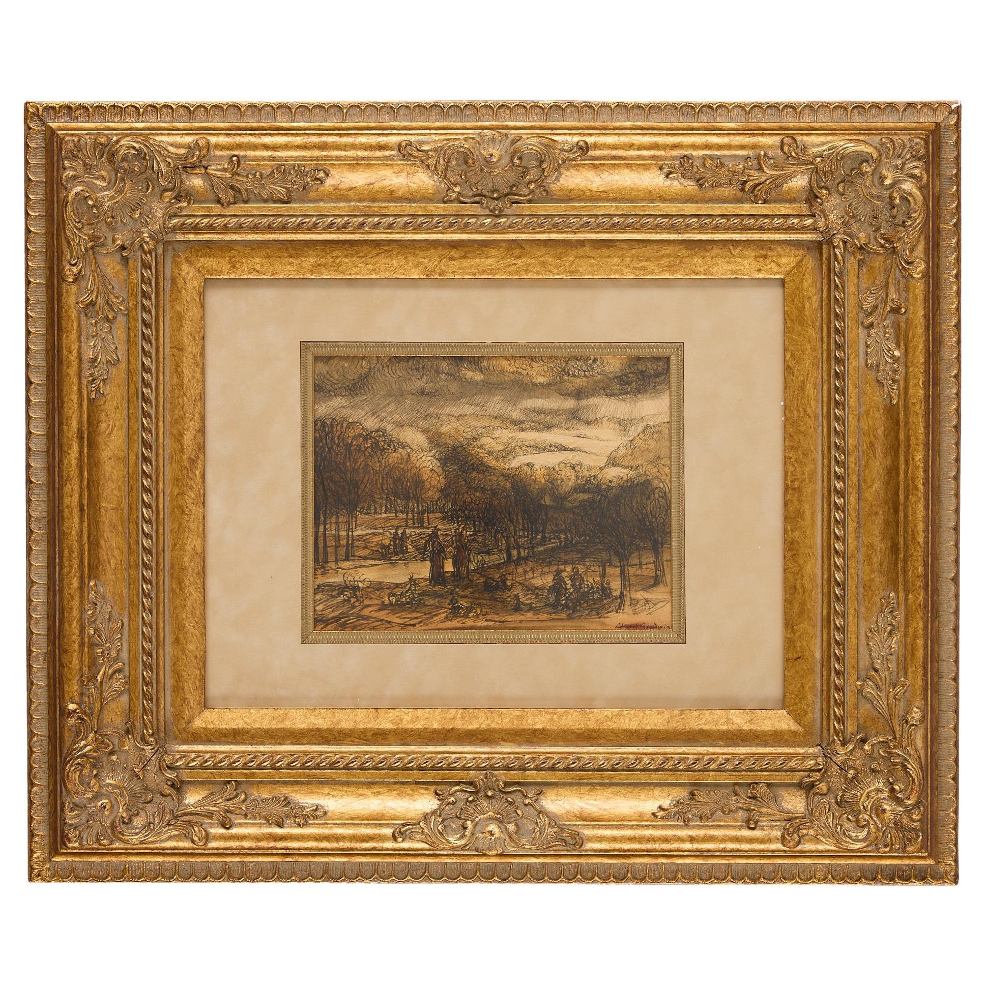 Albert Goodwin, Landschaftsskizze ohne Titel, Bleistift und Tintenwaschung, signiert im Angebot