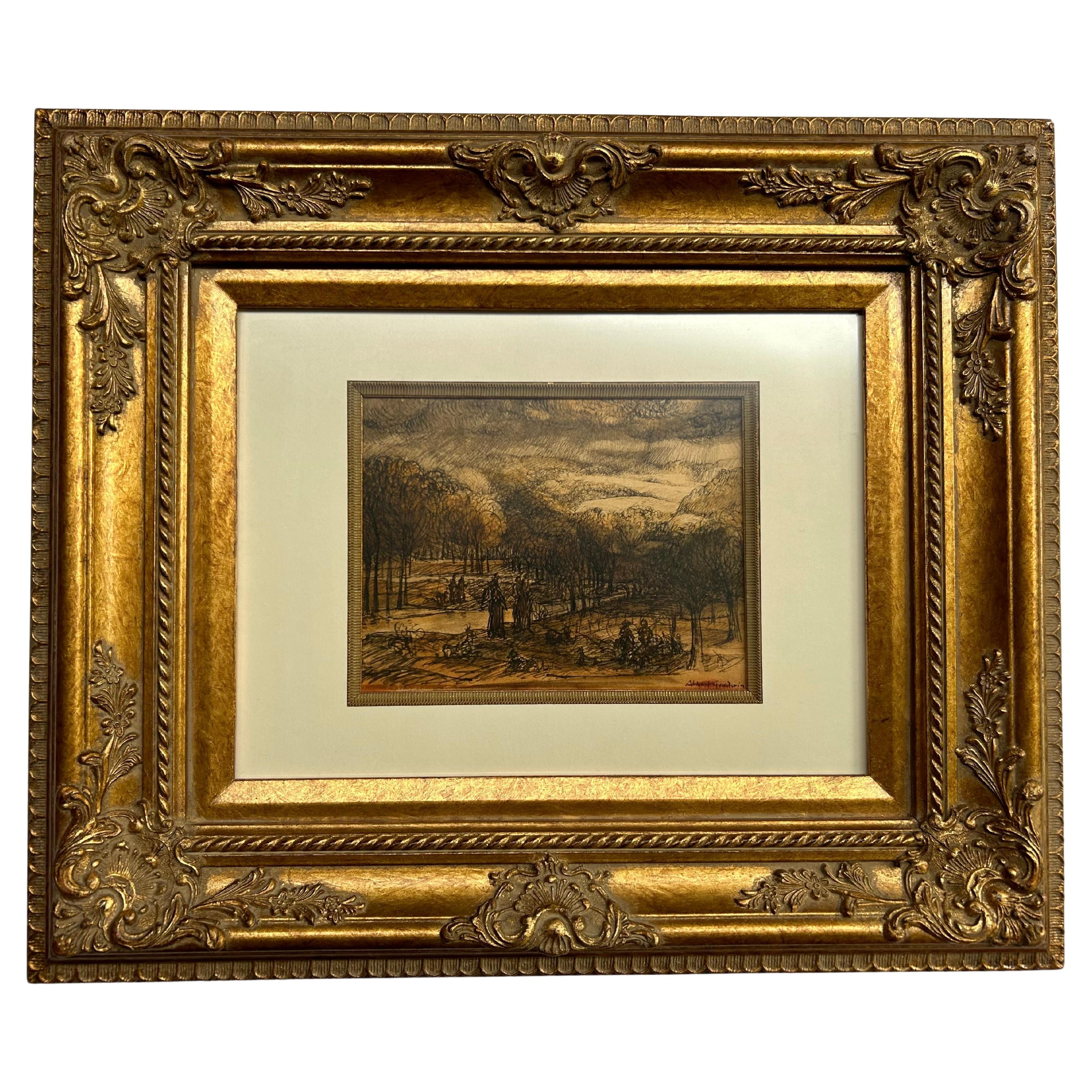 Albert Goodwin, Boceto de paisaje sin título, Lavado a pluma y tinta, Firmado