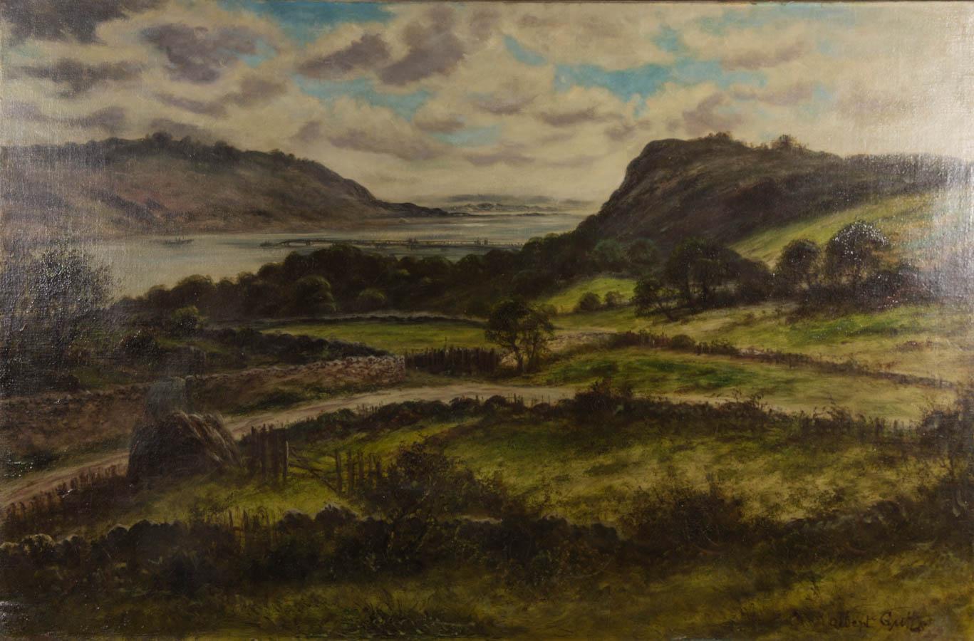 A finely composed landscape depicting lush green hills and a large estuary in the distance. A lone boat makes its way to the dock and grey clouds gather overhead. Signed to the lower right. On canvas, laid to canvas on stretchers.

