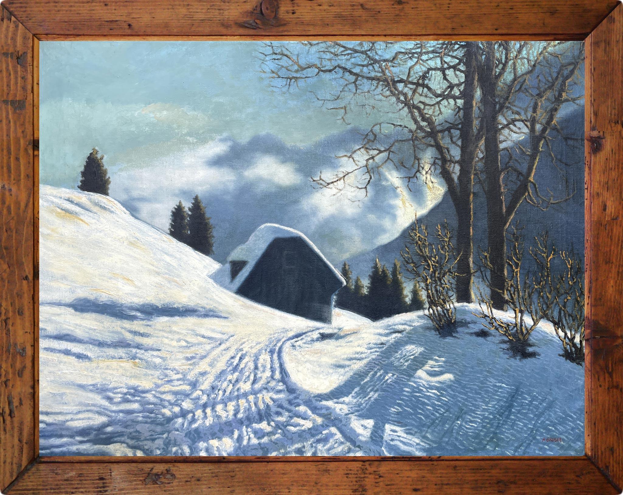 Hut in the Snowy Forest - Albert Gruber

70 x 90 cm without frame
88 x 108 cm with antique fir frame
oil on panel - around 1940

Painting with generous dimensions, depicting an alpine cabin immersed in the snow.
The atmosphere created by the