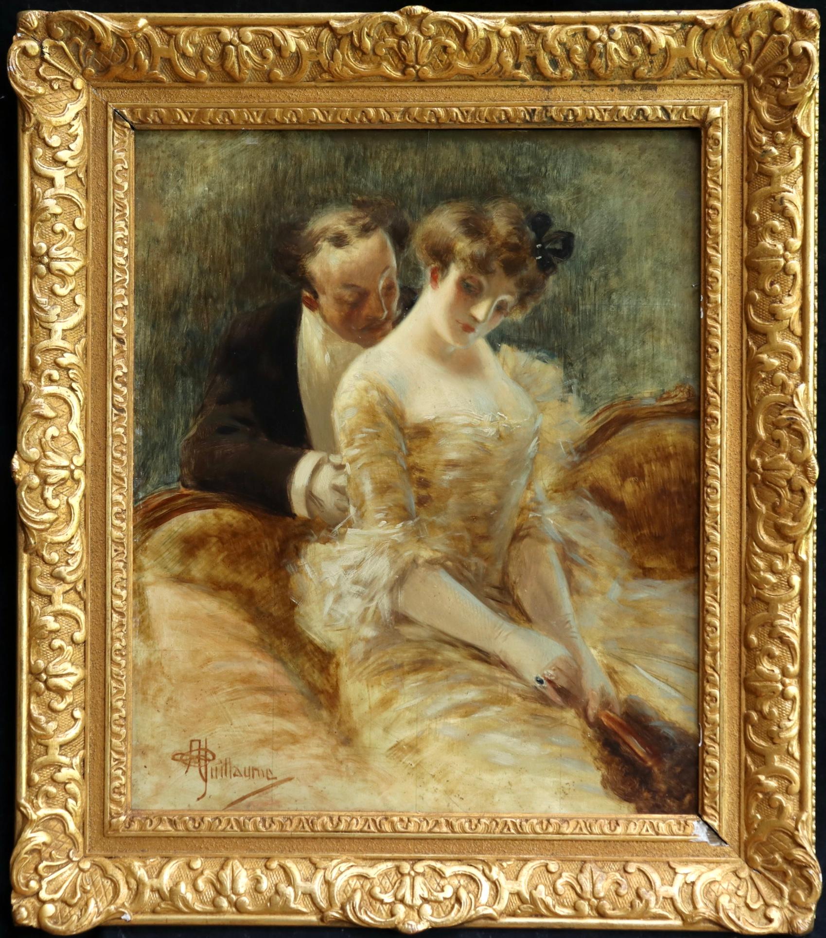 A superb belle époque oil on panel circa 1900 by Albert Guillaume depicting two lovers in an interior. The exquisite expressions on each of the figures faces each tells a story of what is evolving between them. The artists work is highly sought
