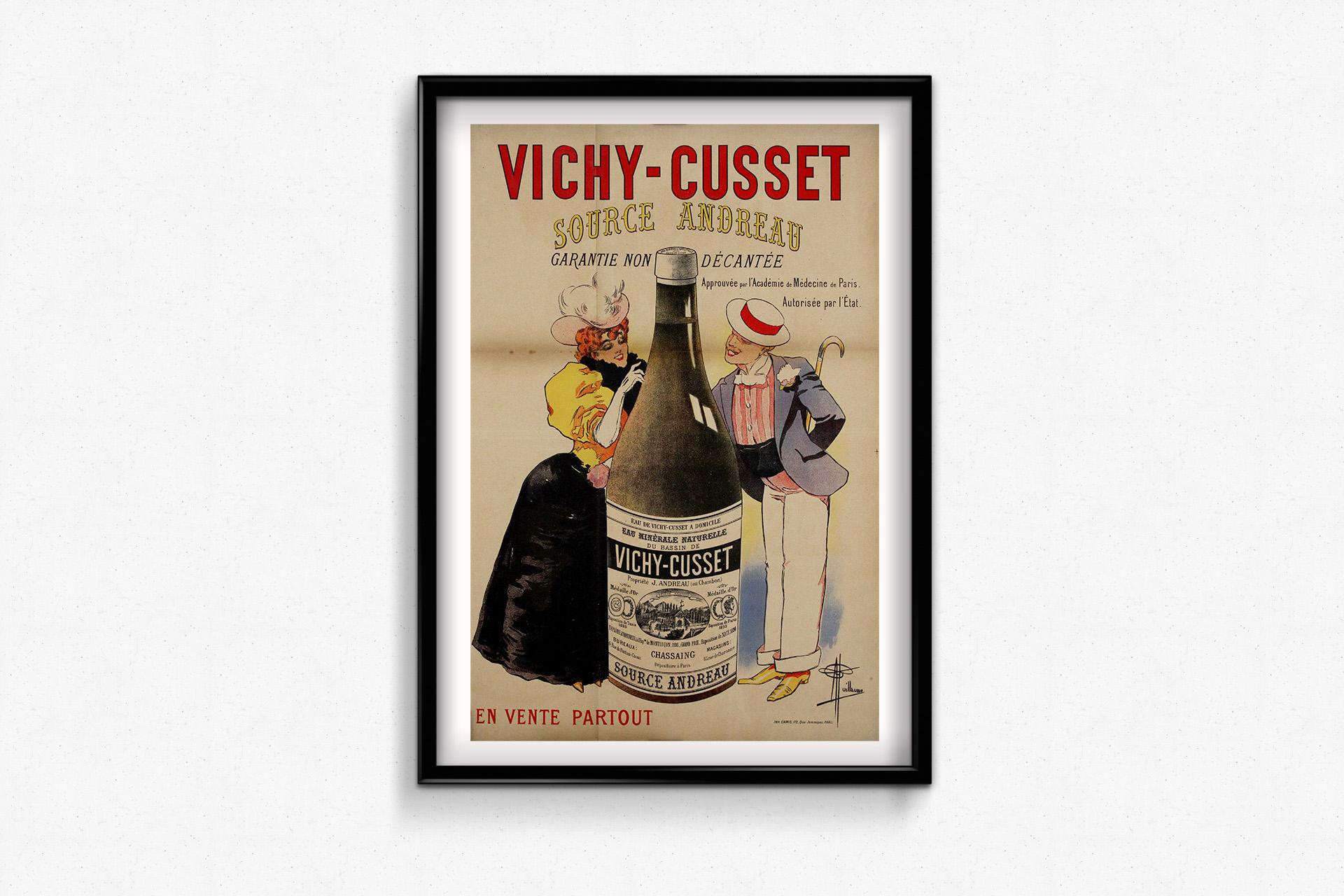 Ein reizvolles und spritziges Werbeplakat der Belle Époque für Vichy-Cusset Source Andréau, eines der vielen berühmten Mineralwässer im Frankreich des 19. Diese von dem berühmten Karikaturisten Albert Guillaume illustrierte Originallithografie