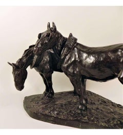 Bronze Draught Horses Sculpture By Hager Albert (1857-1940)