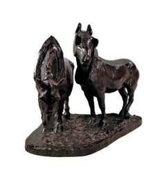 Bronze Draught Horses Sculpture By Hager Albert (1857-1940)