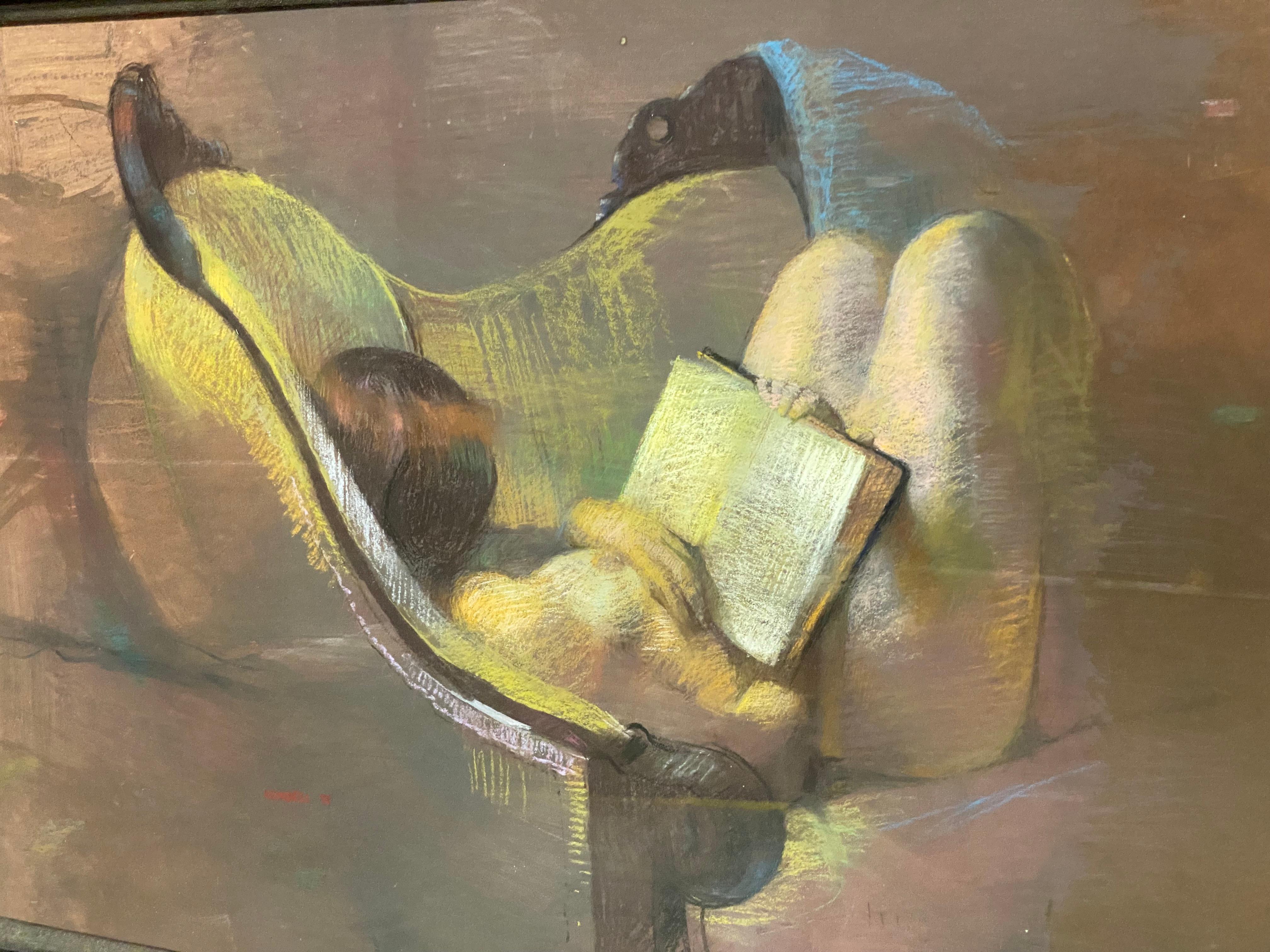 Américain Pastel sur papier d'une lecture d'un nu couché, Albert Handell, 1971 en vente