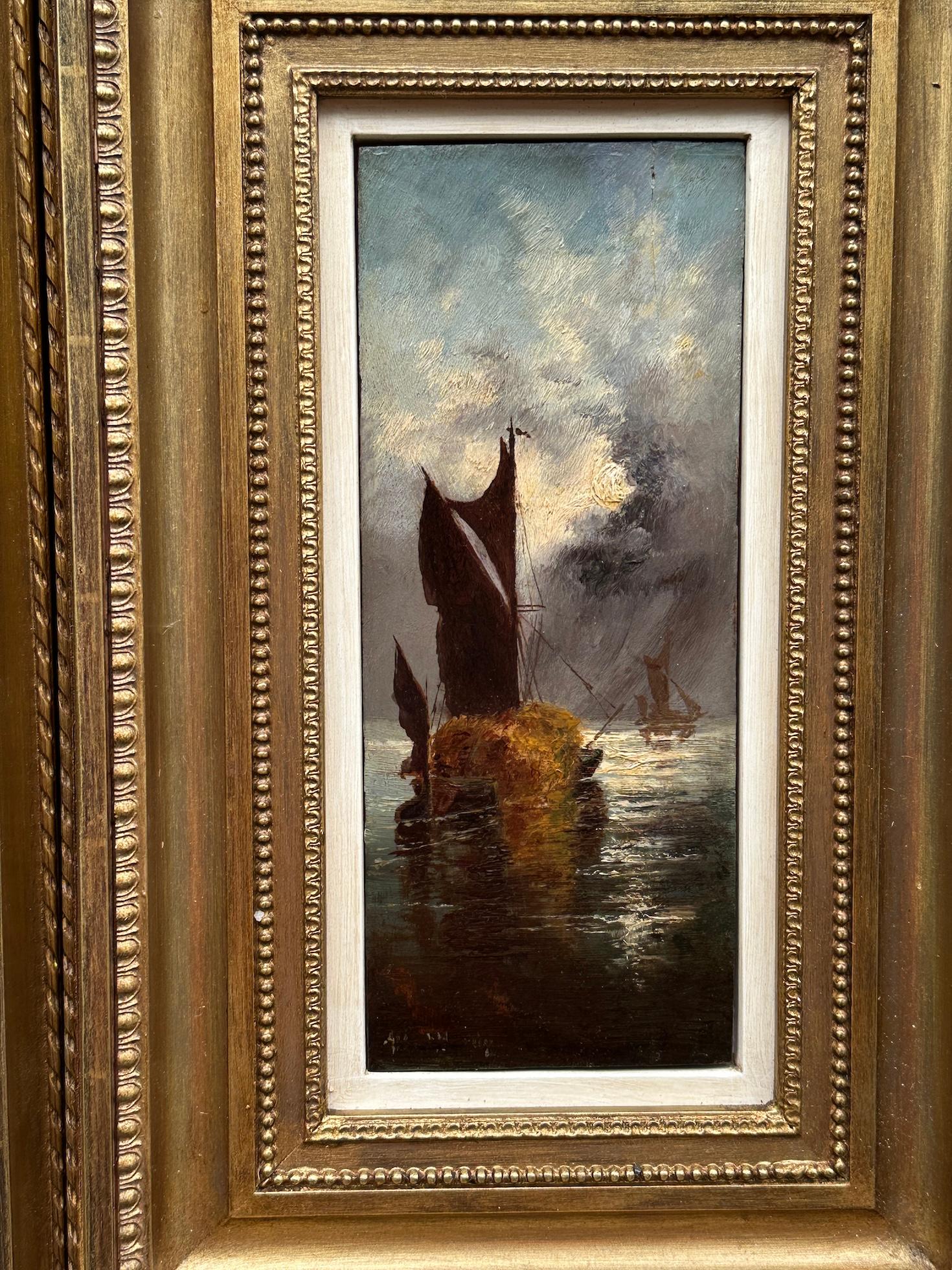 Scena marina antica inglese del XIX secolo, pesca all'alba tramonto - Painting Impressionismo di Albert Hardy