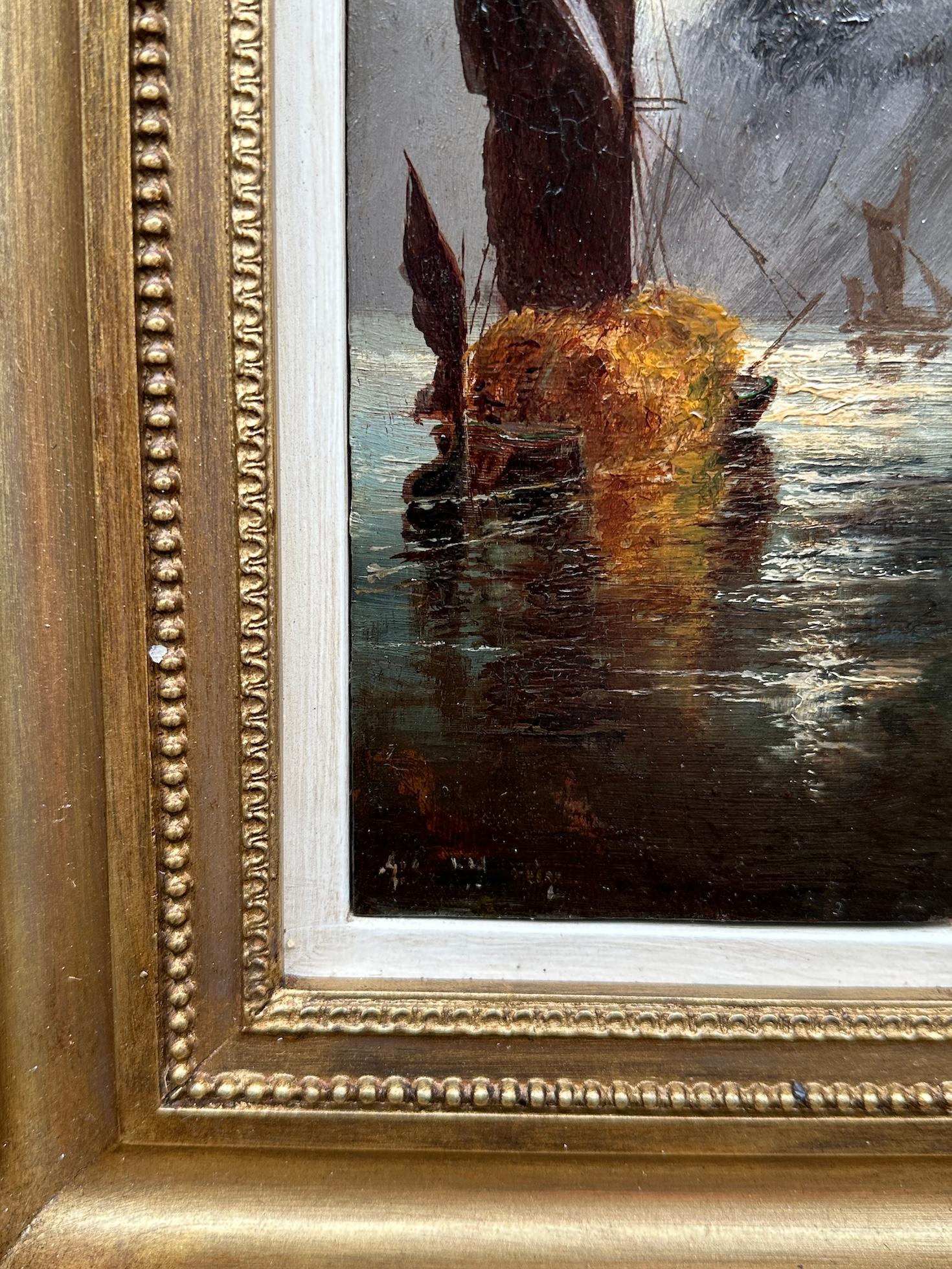 Scena marina antica inglese del XIX secolo, pesca all'alba tramonto 2