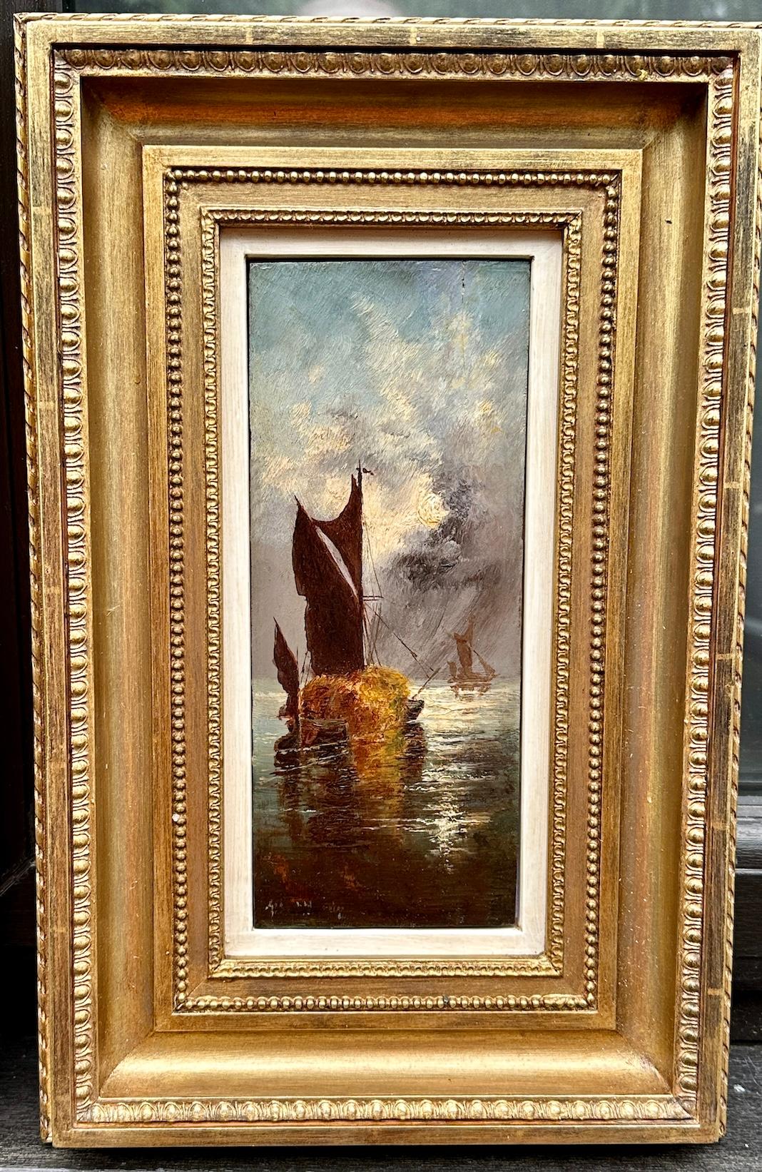Scena marina antica inglese del XIX secolo, pesca all'alba tramonto 4