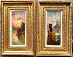 19th century English Antique shipping marine scene, fishing at Sunrise Sunset