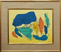 "Senza titolo" Albert Heckman, Natura morta modernista in blu saturo e giallo