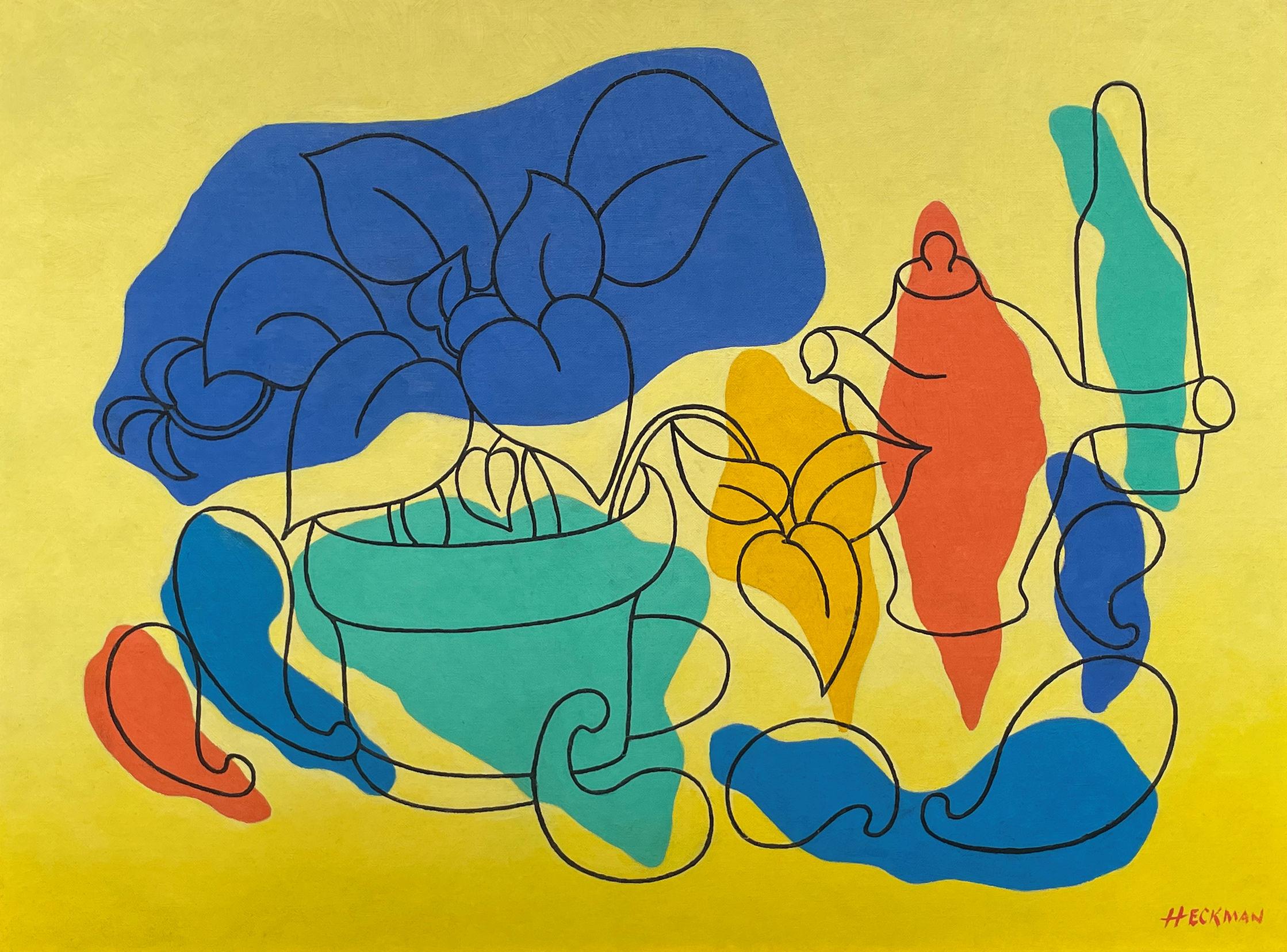 "Sin título" Albert Heckman, bodegón modernista saturado de azul y amarillo