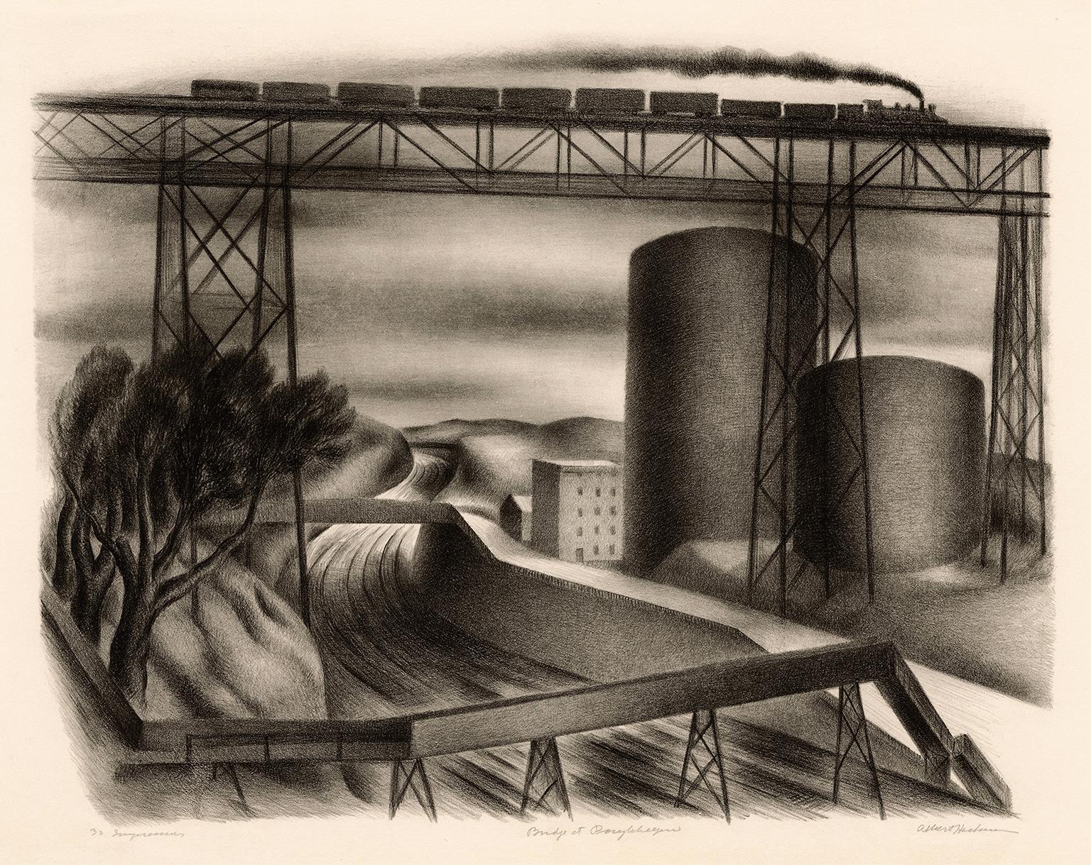 Albert Heckman Abstract Print – Brücke bei Poughkeepsie" - Amerikanische Modernität der WPA-Ära
