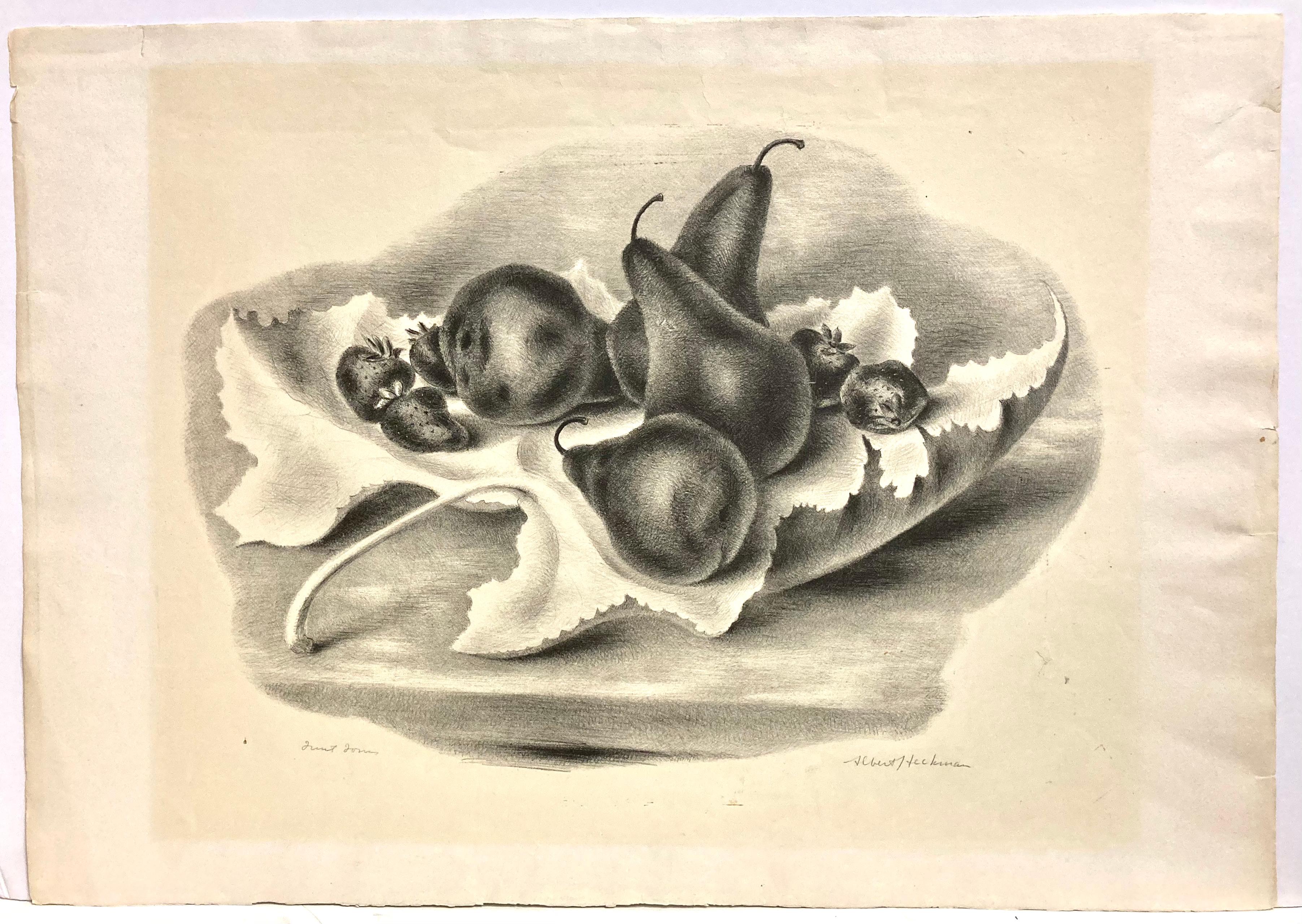 There's just something about Albert Heckman's drawing technique that is so pleasing to the eye! There's a color version of this still life as well -- very close in composition but with more fruit. Another title could be 'pears and strawberries on a