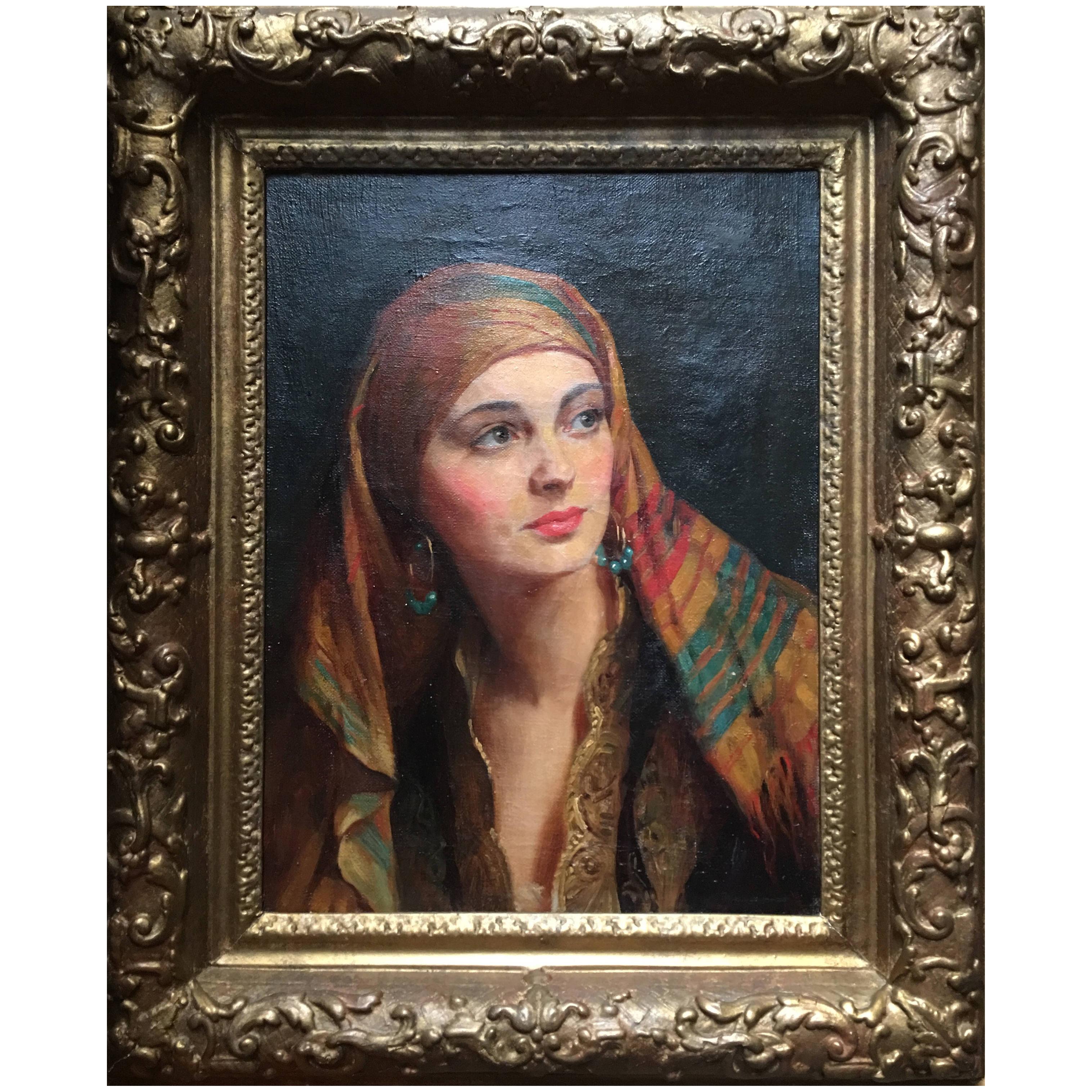 Albert Henry Collings (1868-1947) oil on canvas 'Yasmin in gypsy headscarf'  For Sale