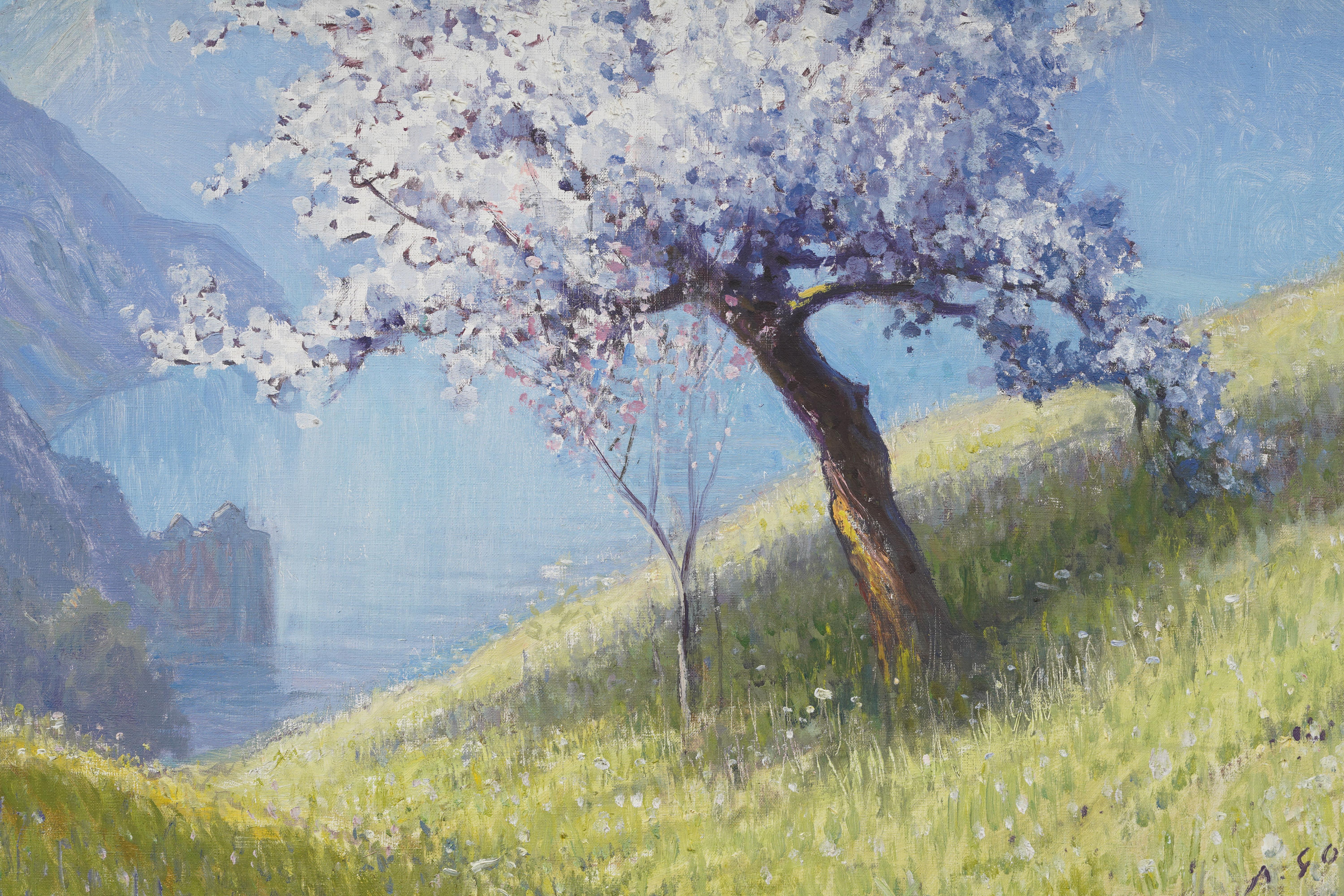 Ancienne peinture à l'huile signée, encadrée, paysage de lac de montagne suisse, arbre en fleurs en vente 5