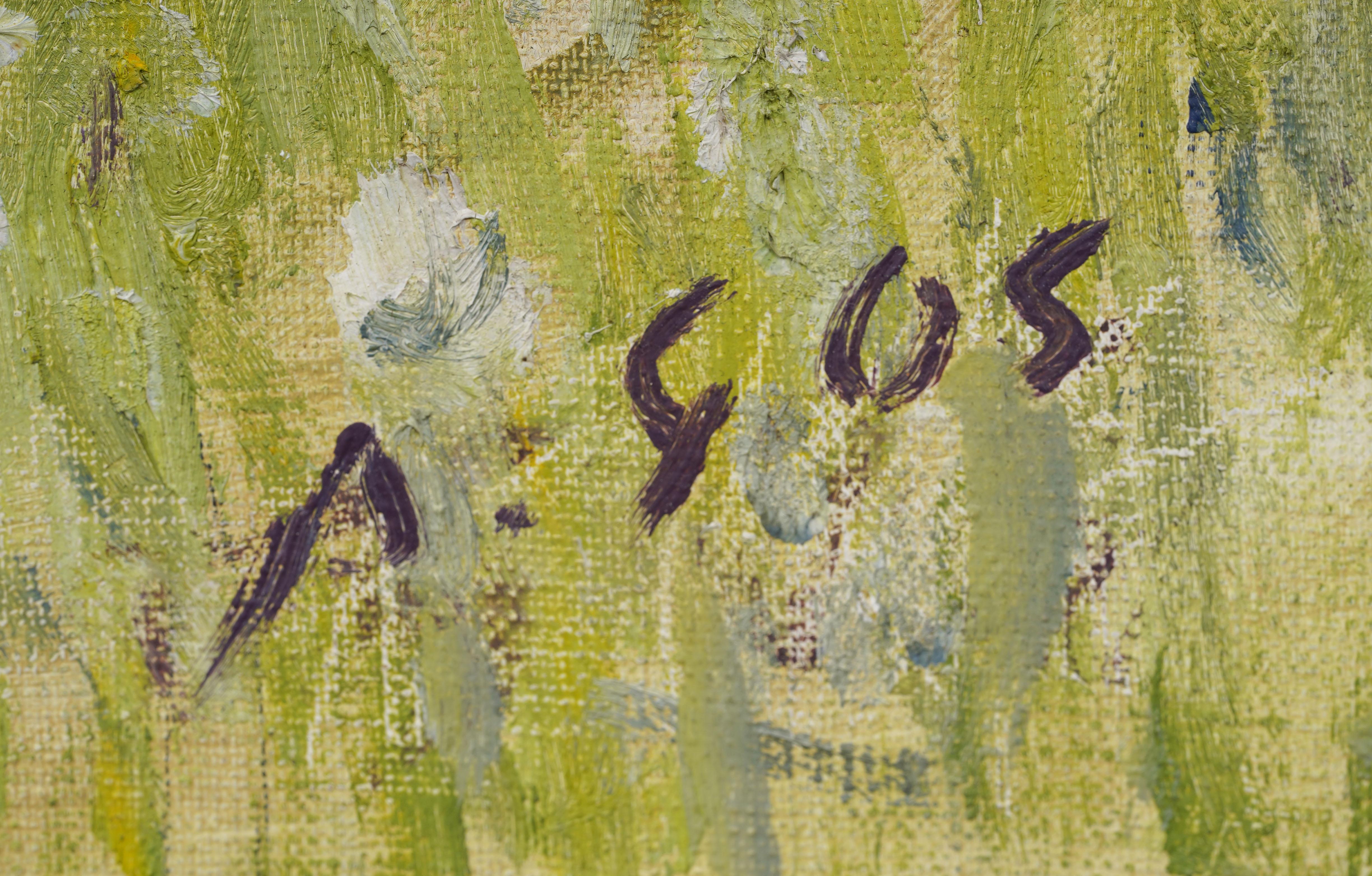 Ancienne peinture à l'huile signée, encadrée, paysage de lac de montagne suisse, arbre en fleurs en vente 6