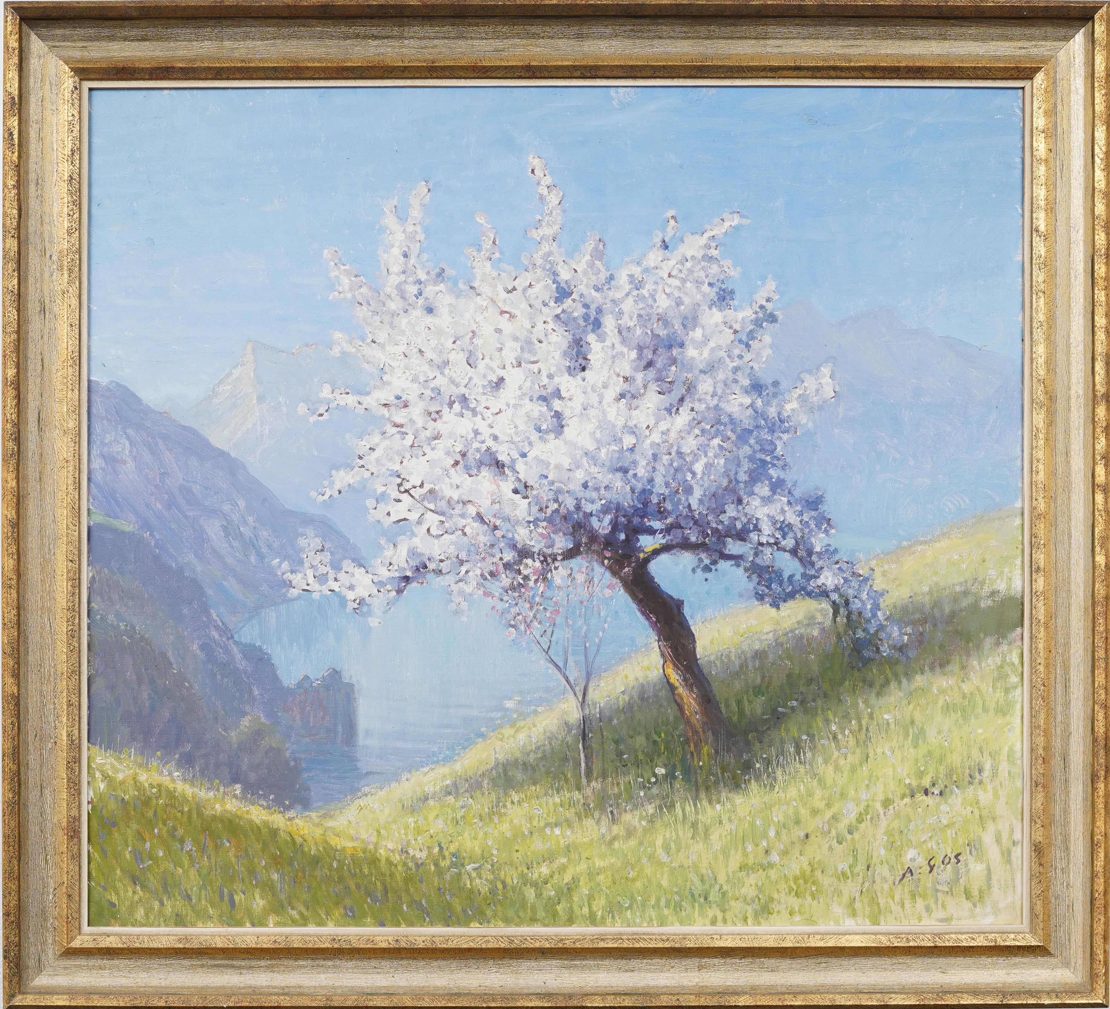 Ancienne peinture à l'huile signée, encadrée, paysage de lac de montagne suisse, arbre en fleurs - Painting de Albert Henry John Gos 