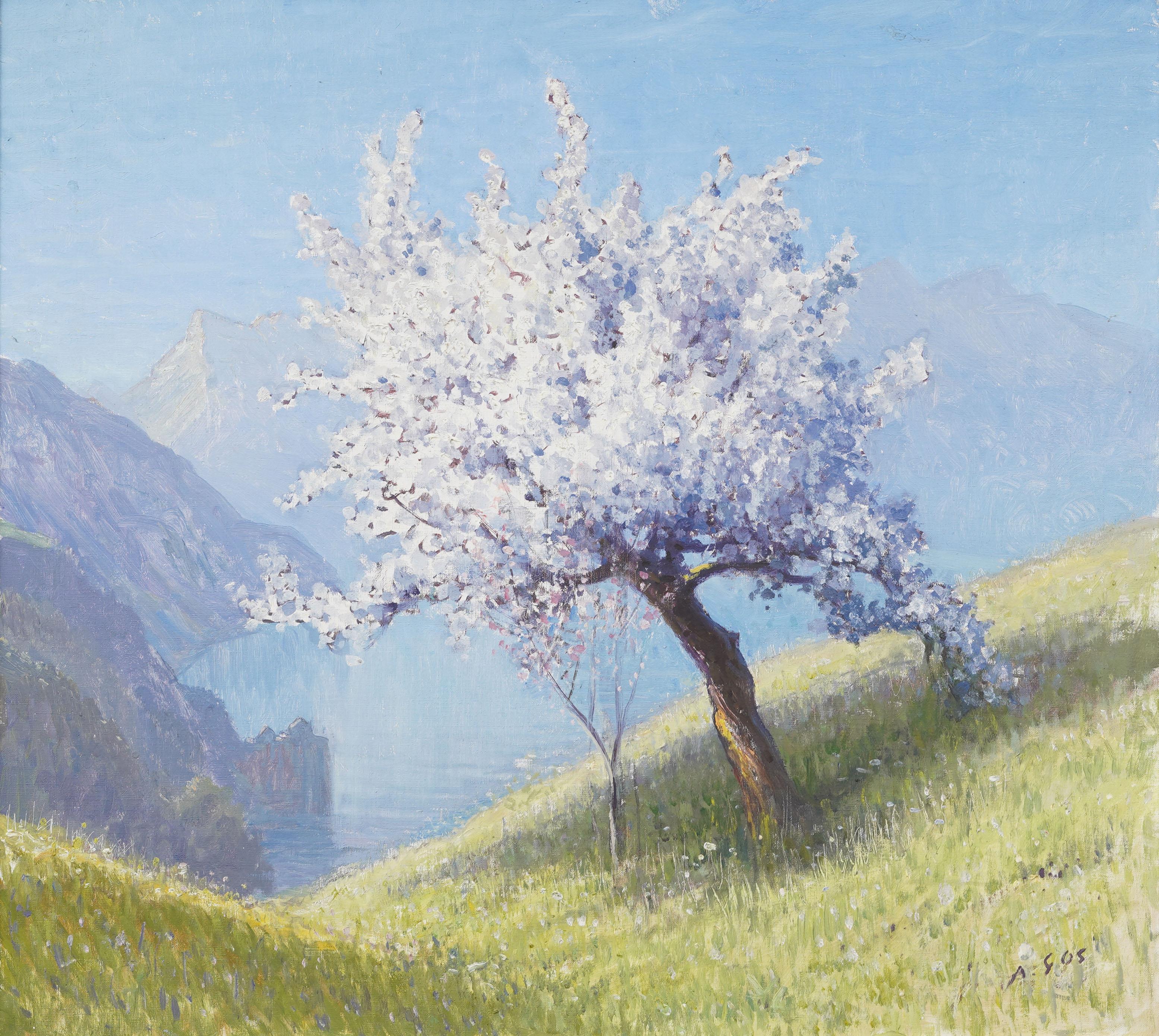 Ancienne peinture à l'huile signée, encadrée, paysage de lac de montagne suisse, arbre en fleurs - Impressionnisme Painting par Albert Henry John Gos 