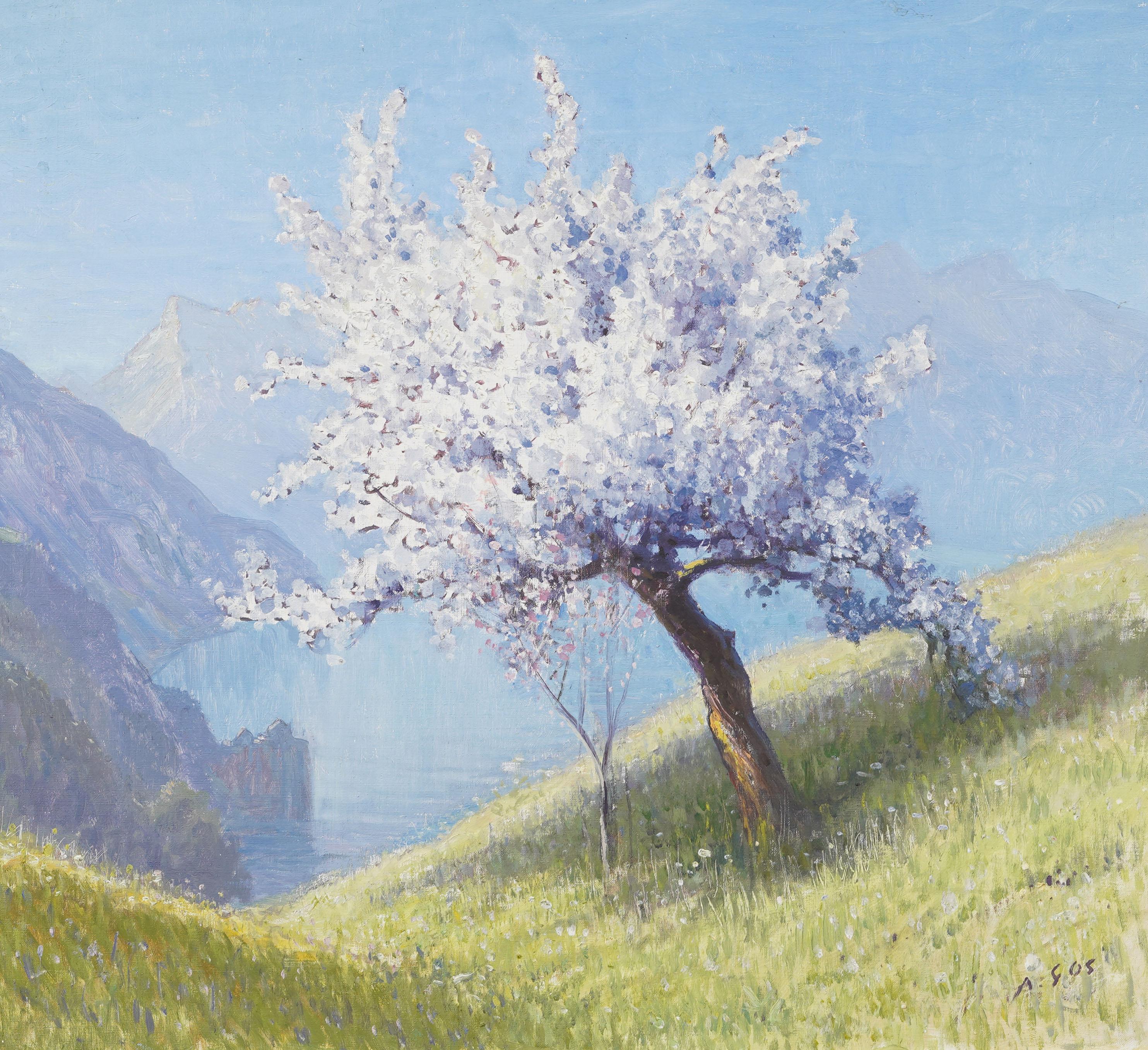 Ancienne peinture à l'huile signée, encadrée, paysage de lac de montagne suisse, arbre en fleurs - Gris Landscape Painting par Albert Henry John Gos 