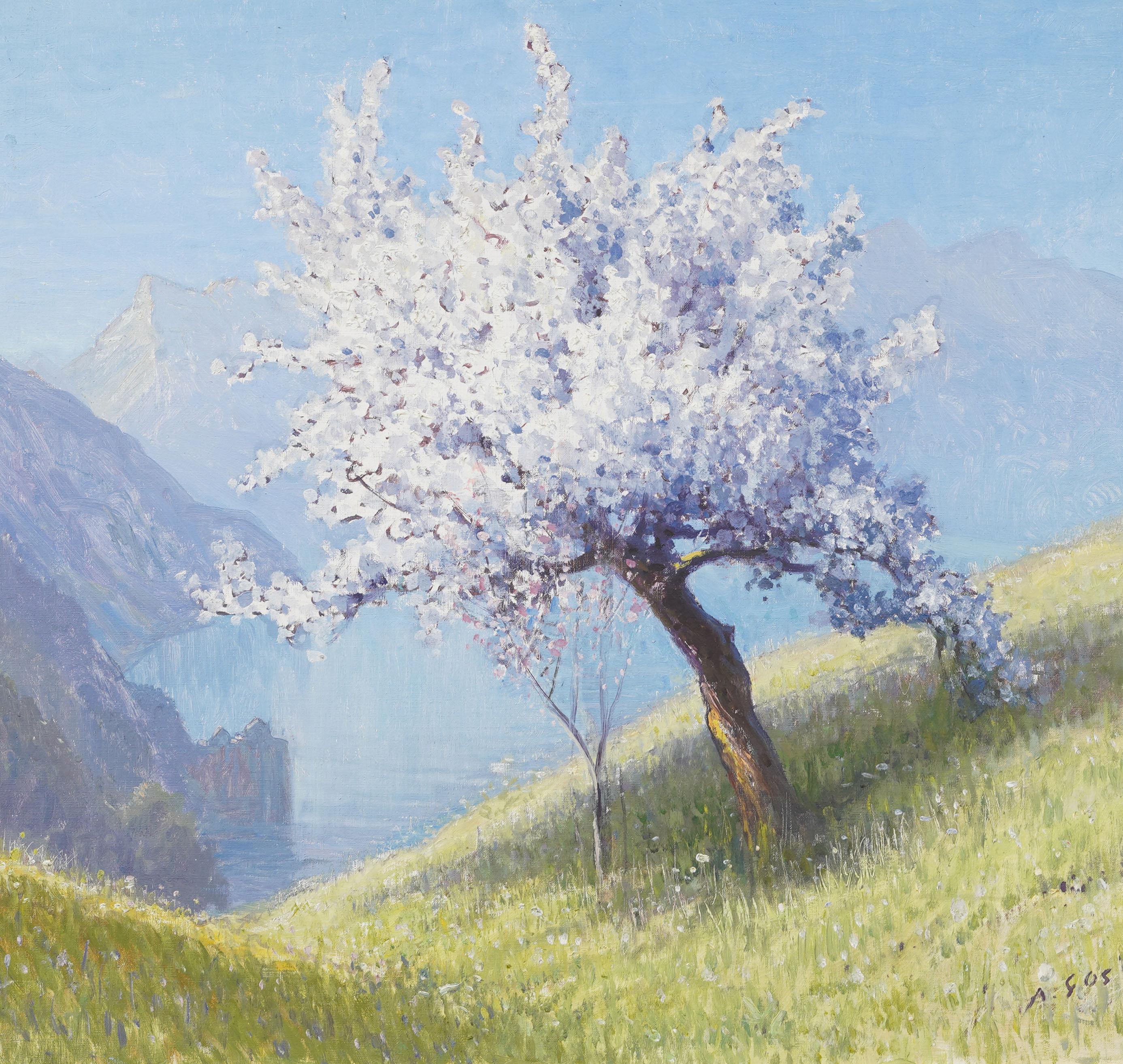 Ancienne peinture à l'huile impressionniste de paysage suisse par Albert Henry John HENRY (1852 - 1942). Huile sur toile. Signé. Encadré. Dimensions : 33 par 36 pouces dans l'ensemble, et 28.5 par 31.5 peinture seul...  En excellent état d'origine.
