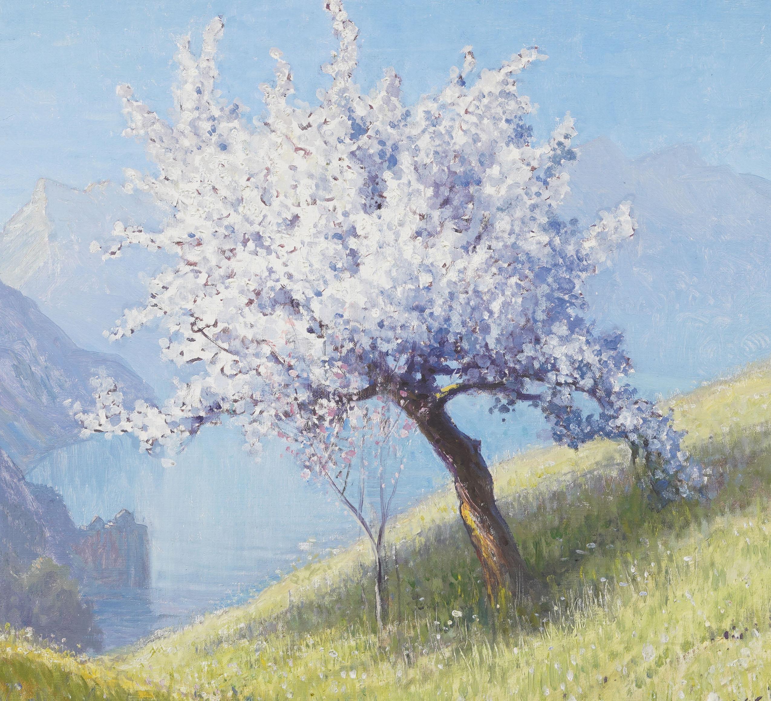 Ancienne peinture à l'huile signée, encadrée, paysage de lac de montagne suisse, arbre en fleurs en vente 1