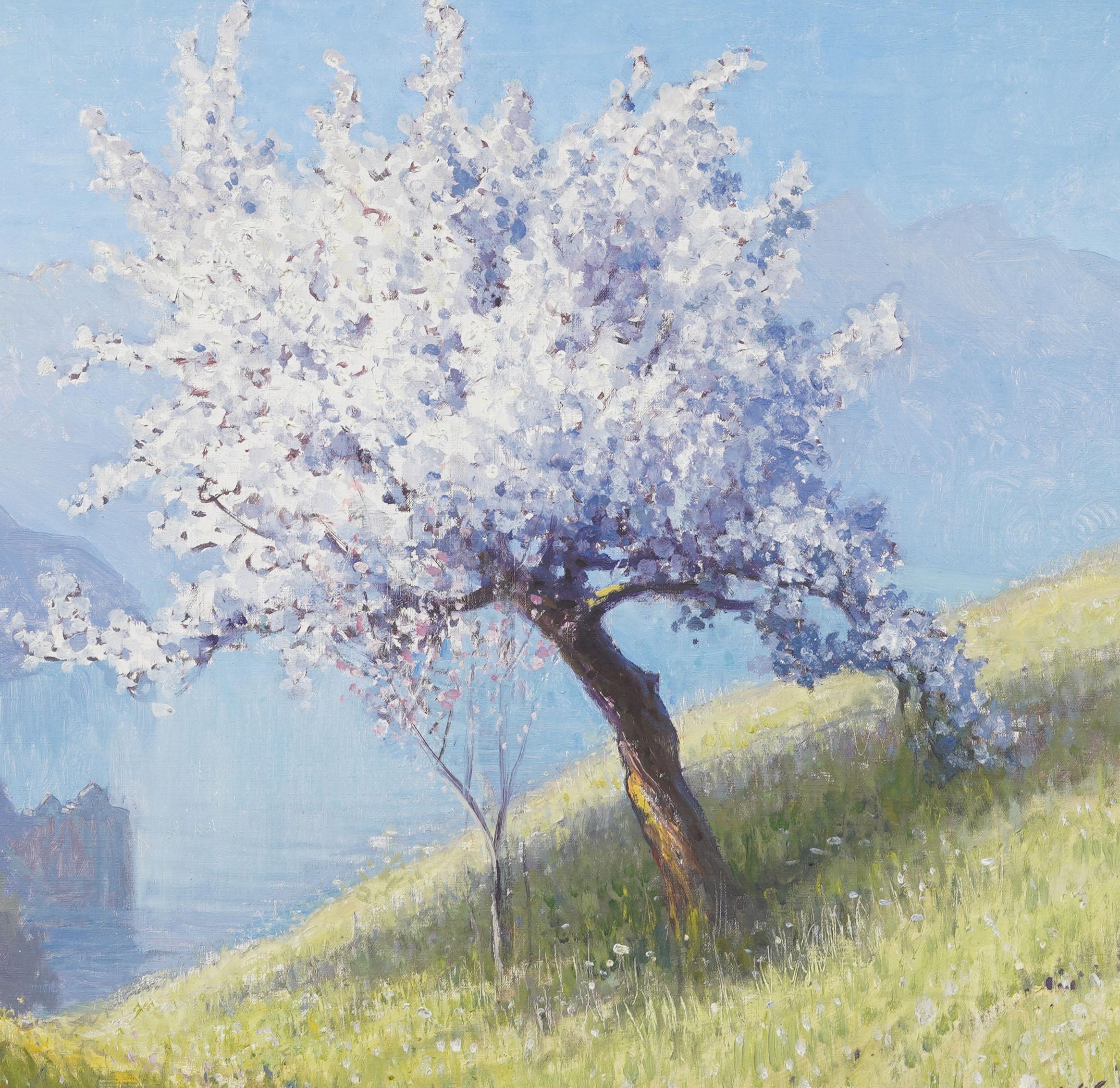 Ancienne peinture à l'huile signée, encadrée, paysage de lac de montagne suisse, arbre en fleurs en vente 2