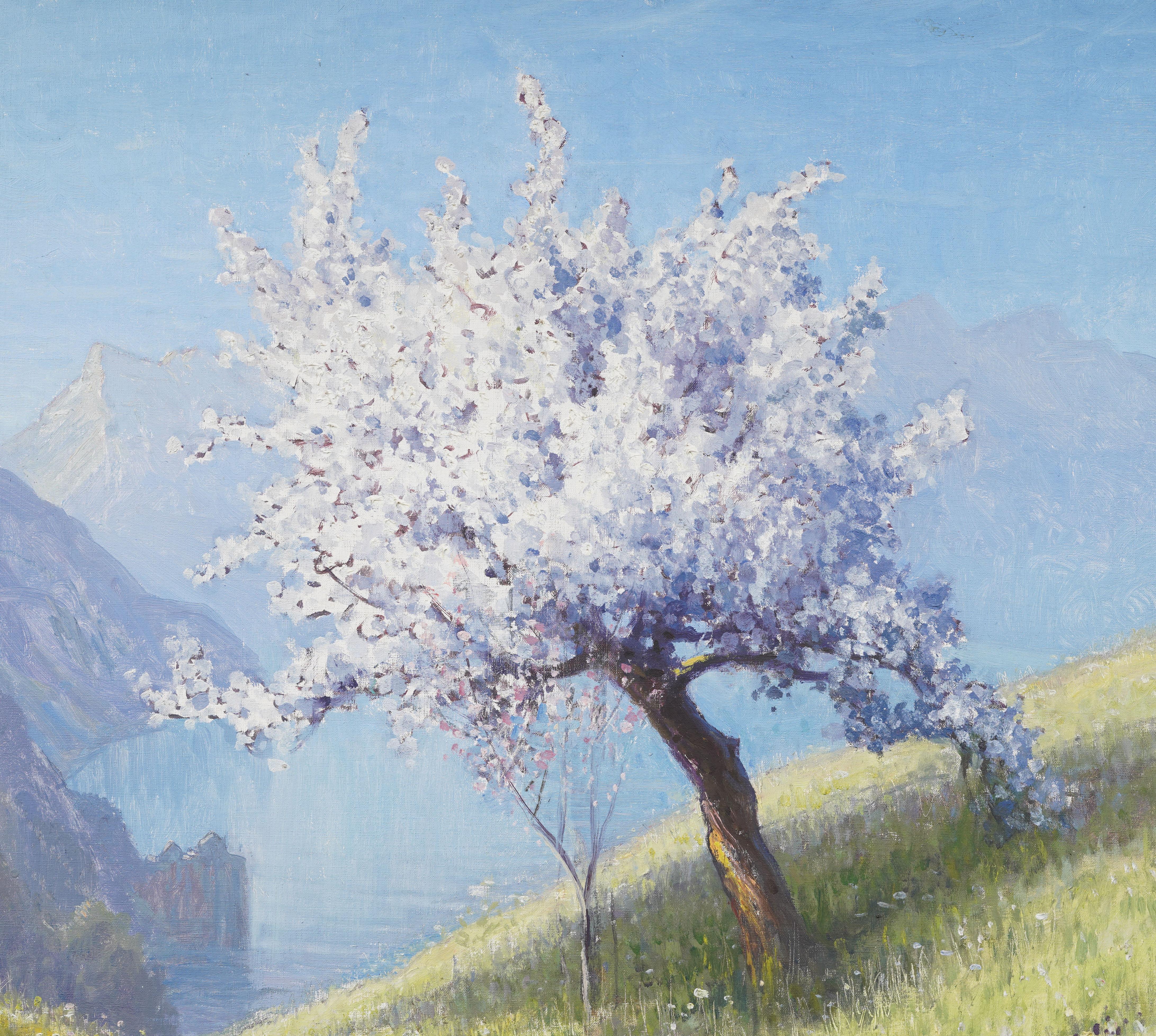 Ancienne peinture à l'huile signée, encadrée, paysage de lac de montagne suisse, arbre en fleurs en vente 3