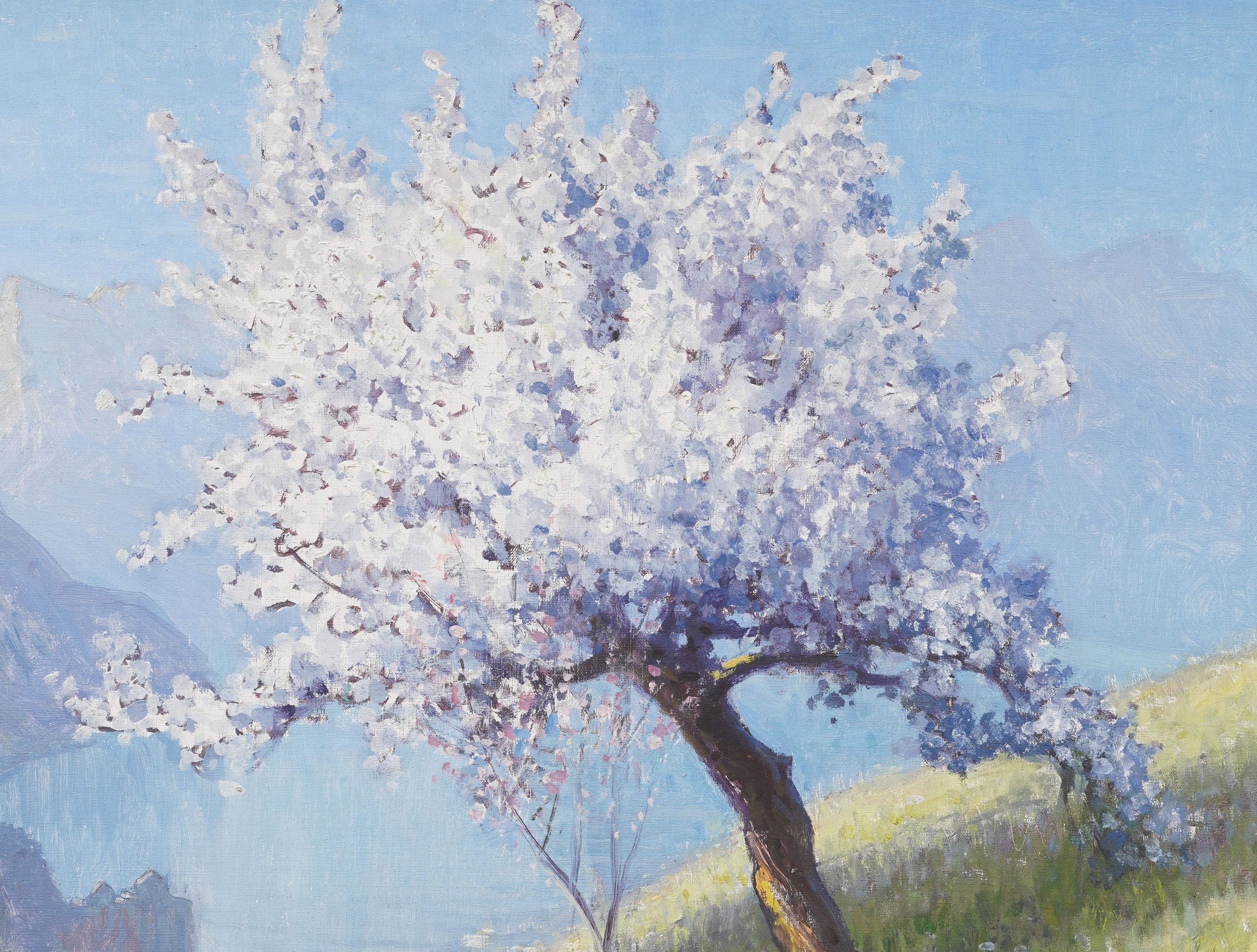 Ancienne peinture à l'huile signée, encadrée, paysage de lac de montagne suisse, arbre en fleurs en vente 4