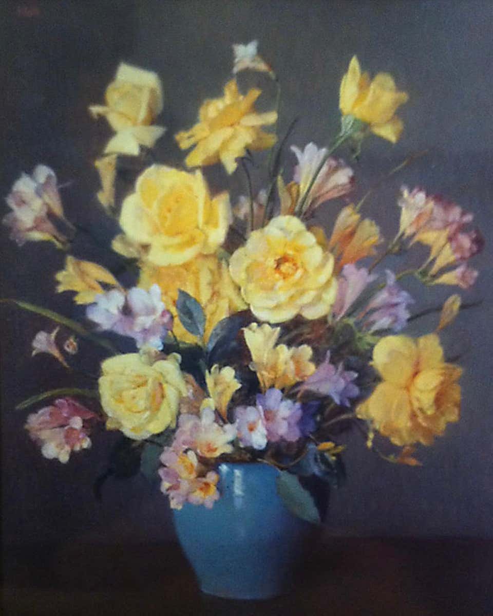 Still Life of Flowers and Fruits, American Impressionist, 30 x 22 in