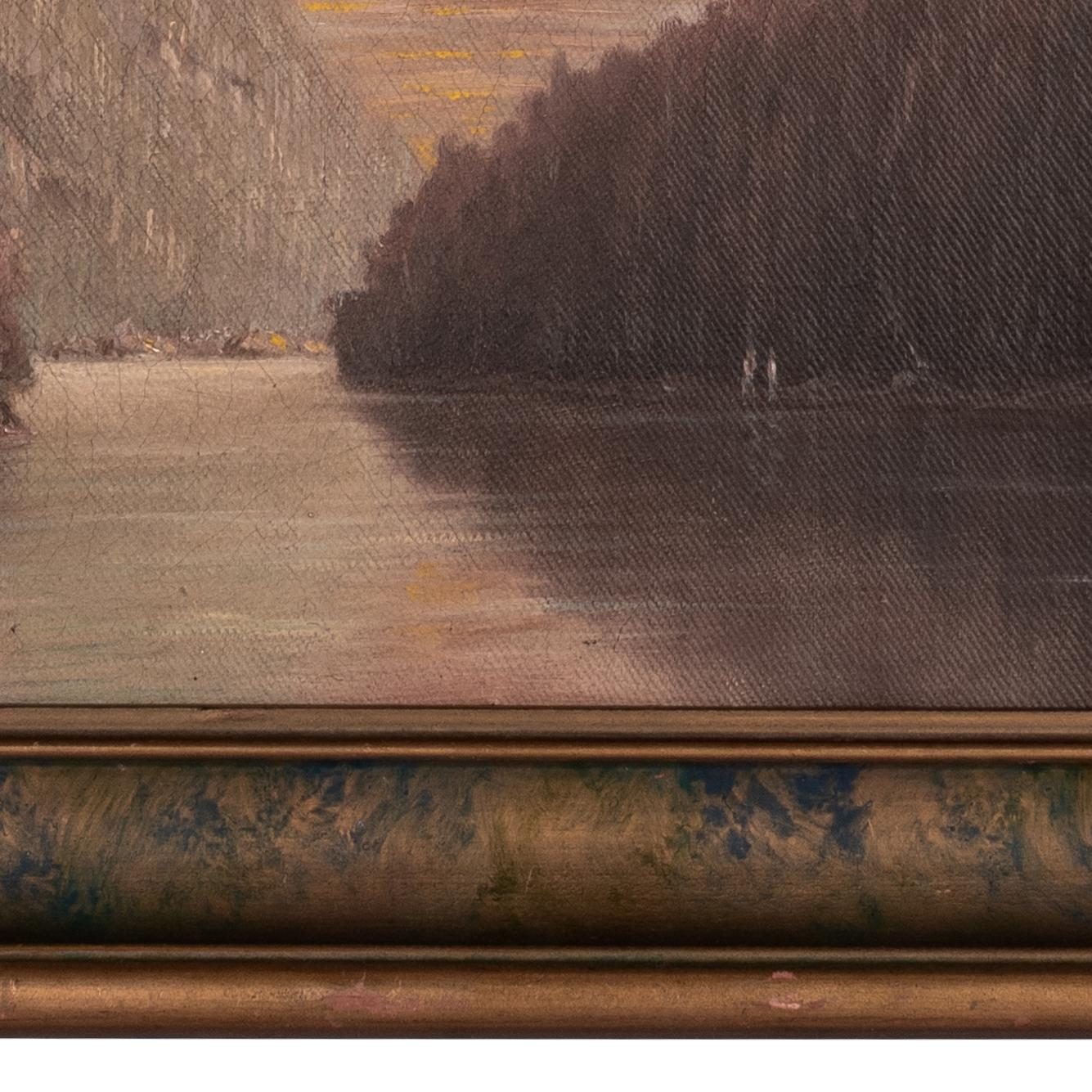 Ancienne huile sur toile américaine réaliste du 19ème siècle représentant un paysage fluvial californien, 1888 en vente 6