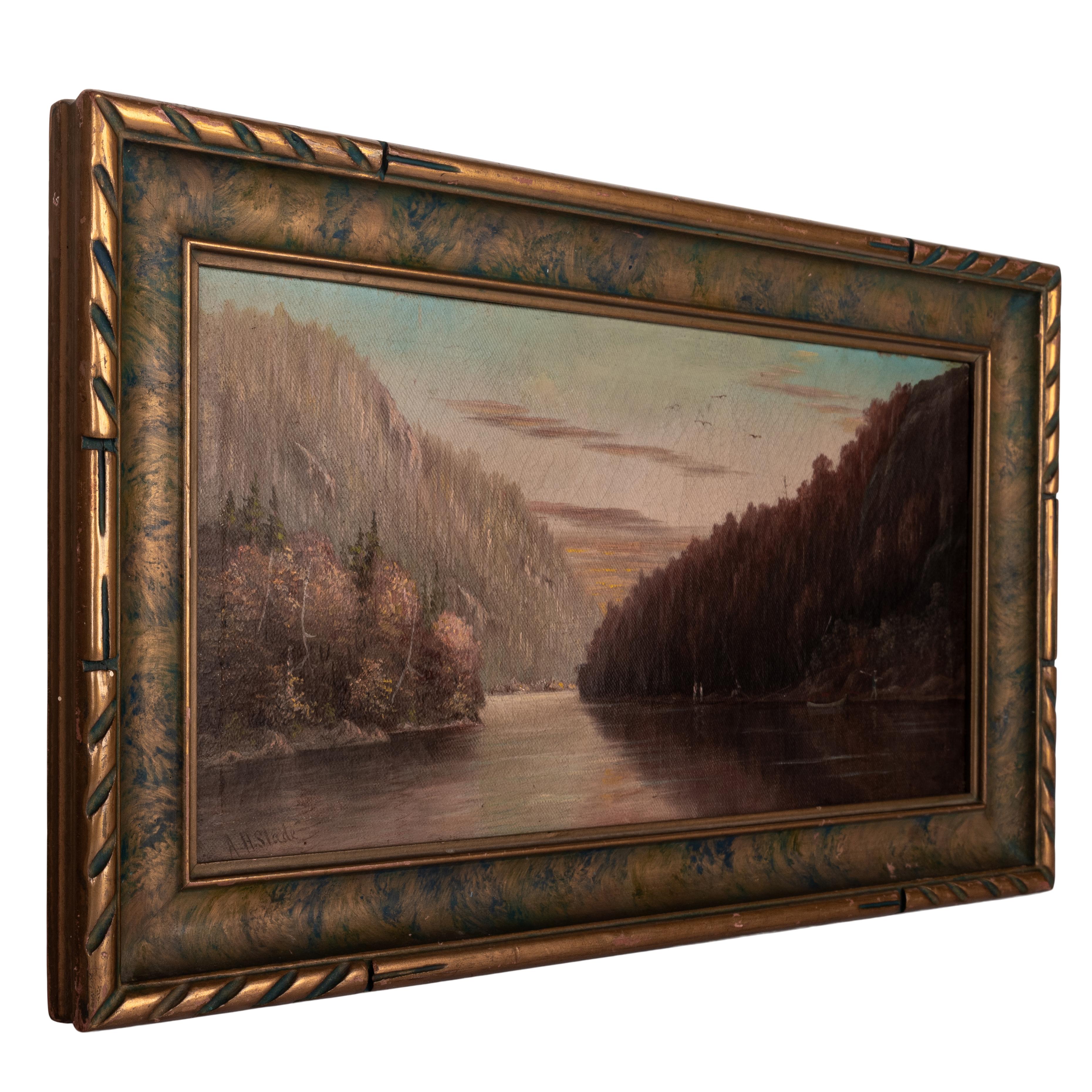 Ancienne huile sur toile américaine réaliste du 19ème siècle représentant un paysage fluvial californien, 1888 en vente 8