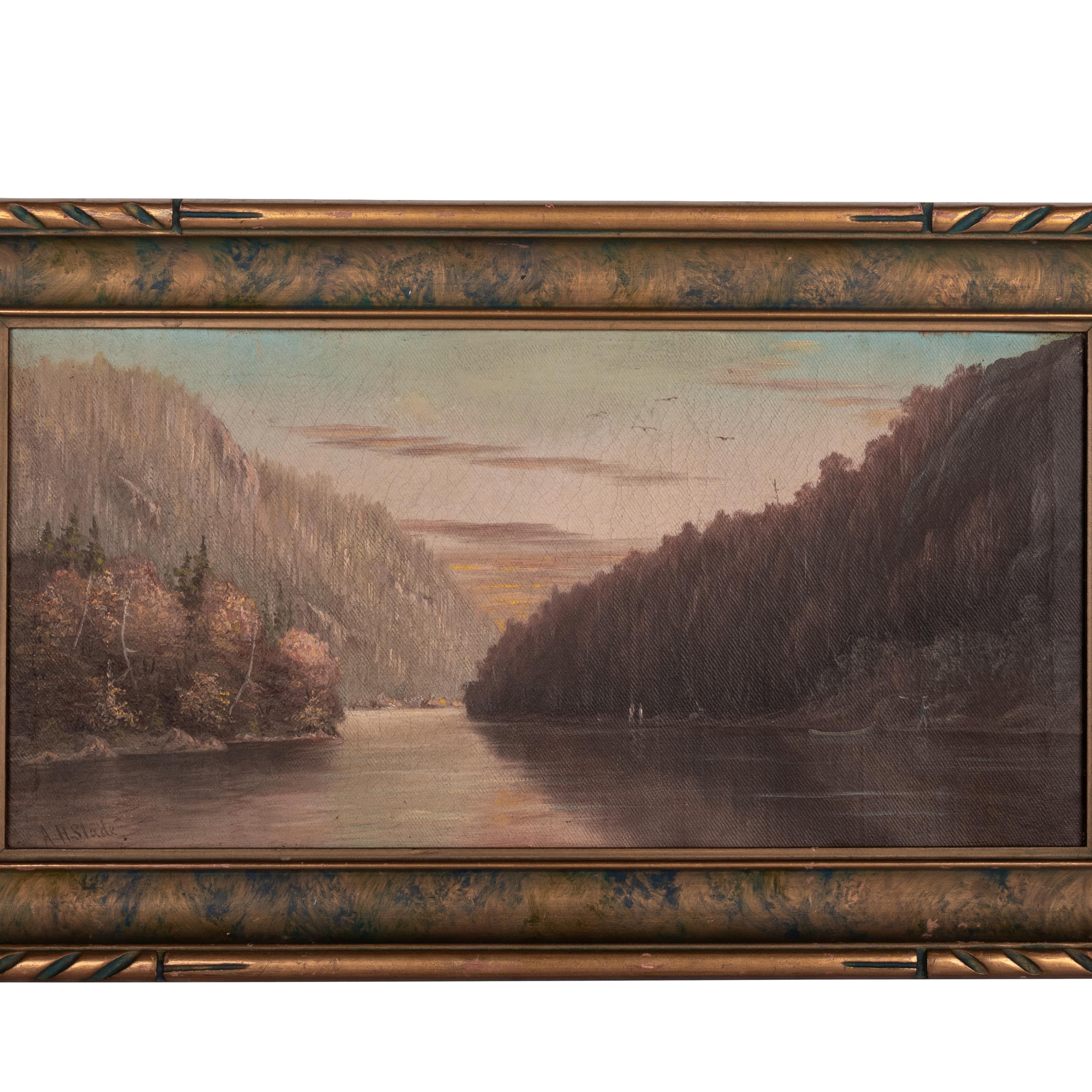 Ancienne huile sur toile américaine réaliste du 19ème siècle représentant un paysage fluvial californien, 1888 - Painting de  Albert Horatio Slade