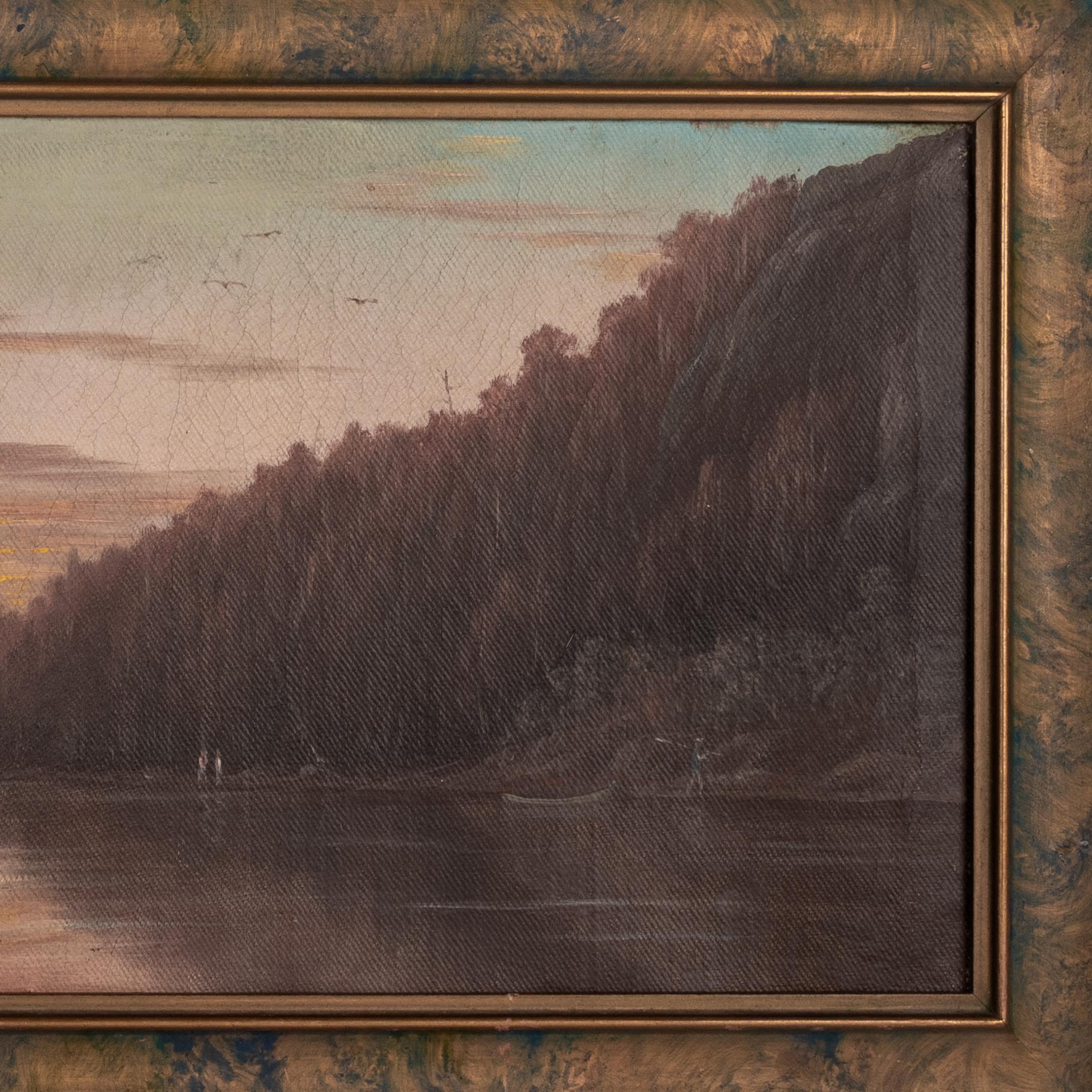 Ein gutes realistisches Gemälde von Albert Horatio Slade (1843-1922) aus dem späten 19. Jahrhundert in Öl auf Leinwand mit kalifornischer Flusslandschaft, um 1888.
Das Gemälde zeigt einen Fluss durch eine bergige, bewaldete Flusslandschaft, am Ufer