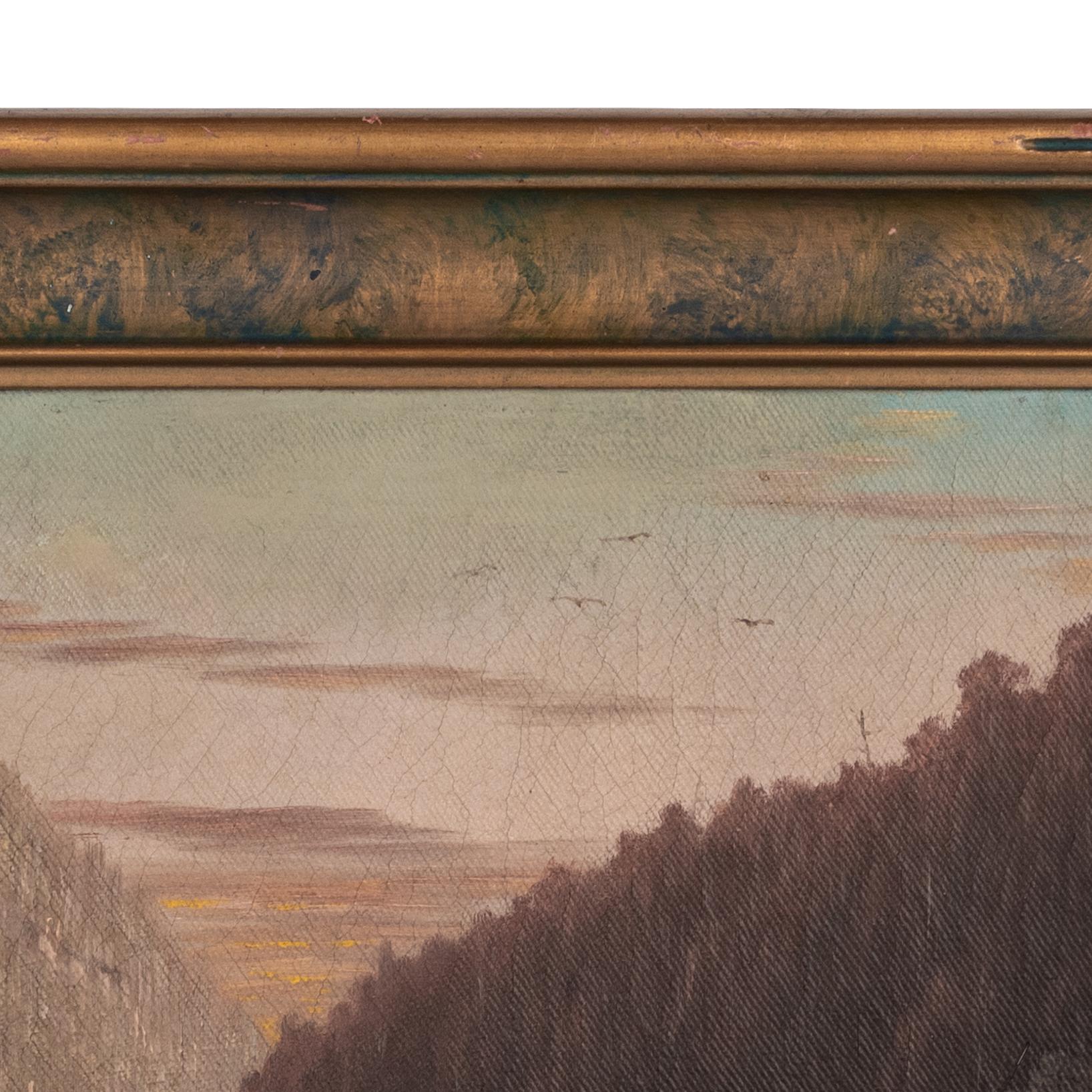 A good late 19th century realist oil on canvas California river landscape painting, circa 1888, by Albert Horatio Slade (1843-1922).
The painting depicts a river through a mountainous, forested river landscape, there are several figures by the river
