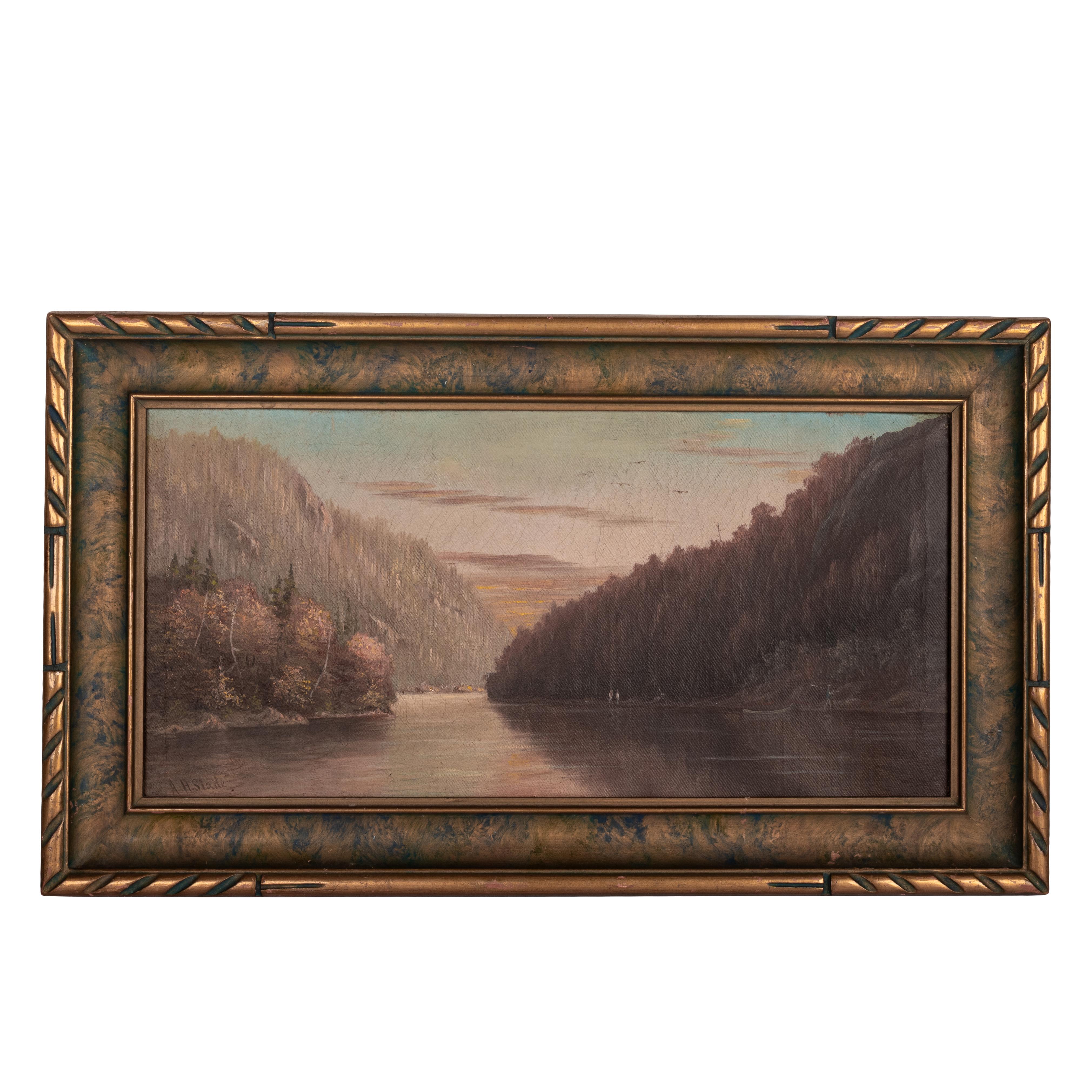  Albert Horatio Slade Landscape Painting – Antike amerikanische realistische kalifornische Flusslandschaft des 19. Jahrhunderts, Öl auf Leinwand 1888