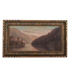 Ancienne huile sur toile américaine réaliste du 19ème siècle représentant un paysage fluvial californien, 1888