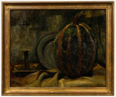 Albert Huyot (1872-1968) - Olio del 1921 incorniciato, Natura morta con zucca