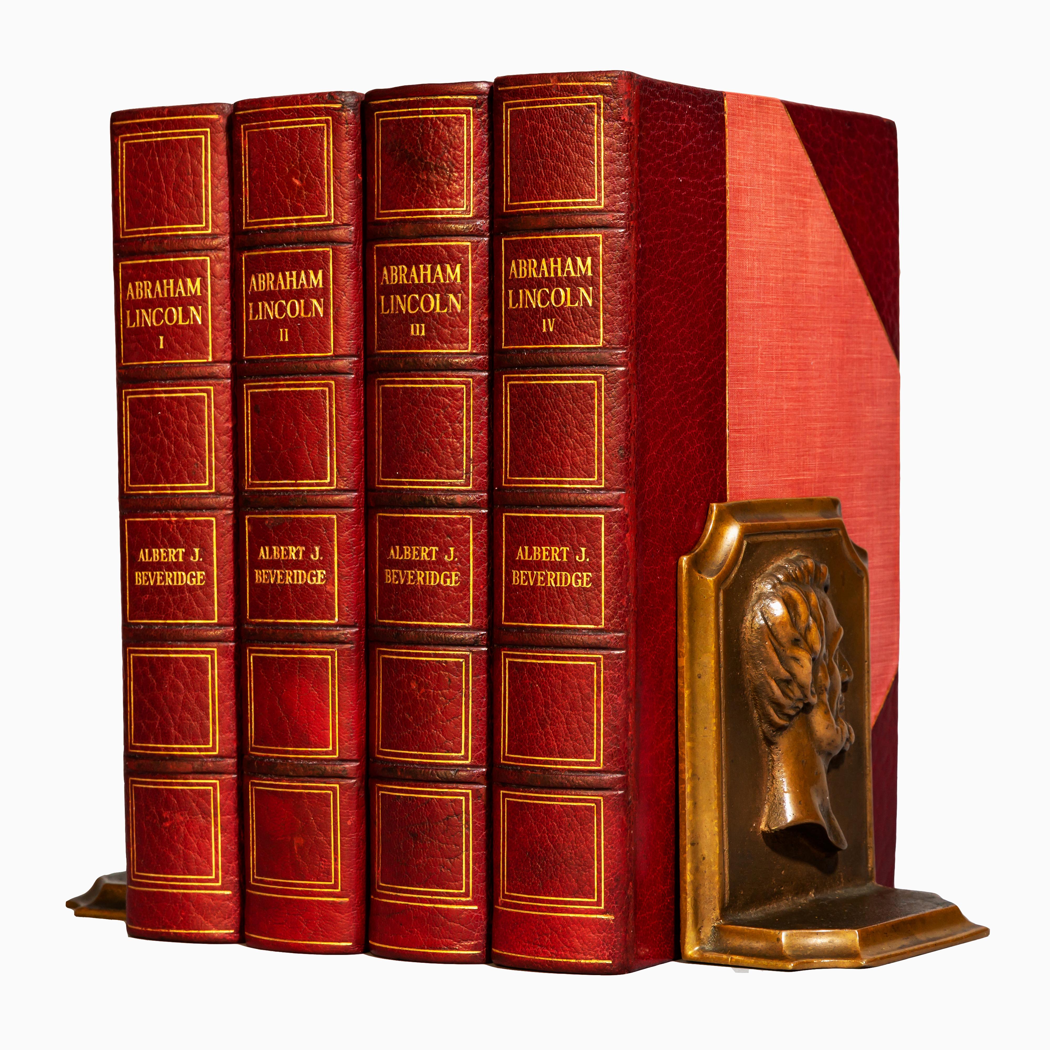 4 volumes.

Abraham Lincoln (1809-1858) with illustrations.
“Manuscript Edition”. Volumes one with a manuscript by Beveridge. Bound in 3/4 red Morocco, cloth boards, top edges gilt, raised bands, gilt panels. 

Published: Boston & New York: